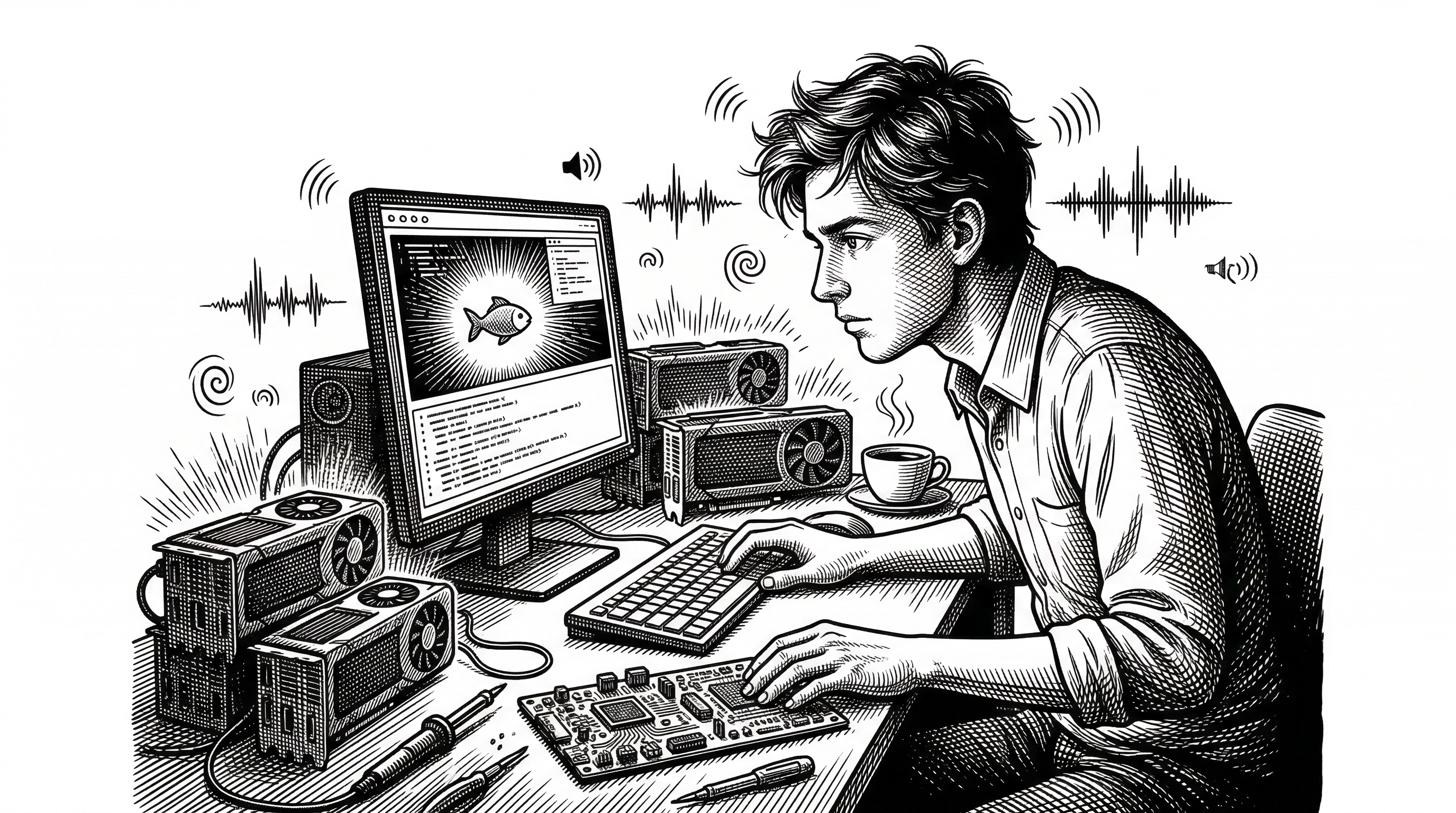 A young engineer working late at night surrounded by multiple GPUs glowing with computation. Audio waveforms float in the air around the workspace. A small fish logo glows on a monitor screen.