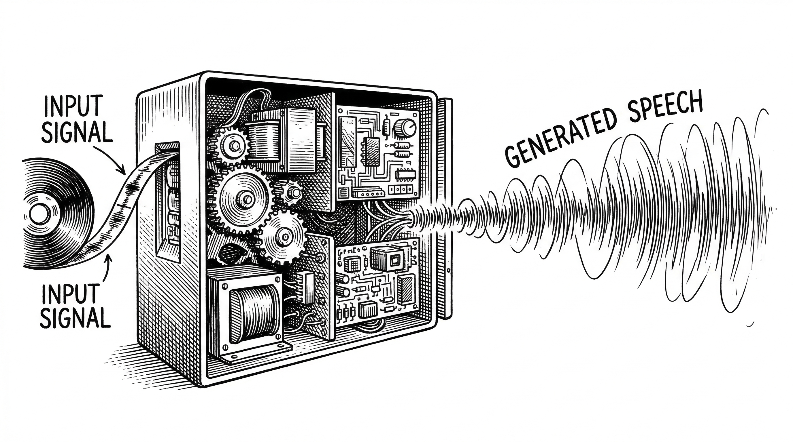 A brief snippet of recorded audio being fed into a machine. On the other side the machine produces a continuous stream of new speech in the same voice. The machine interior shows gears and transformers processing the signal.