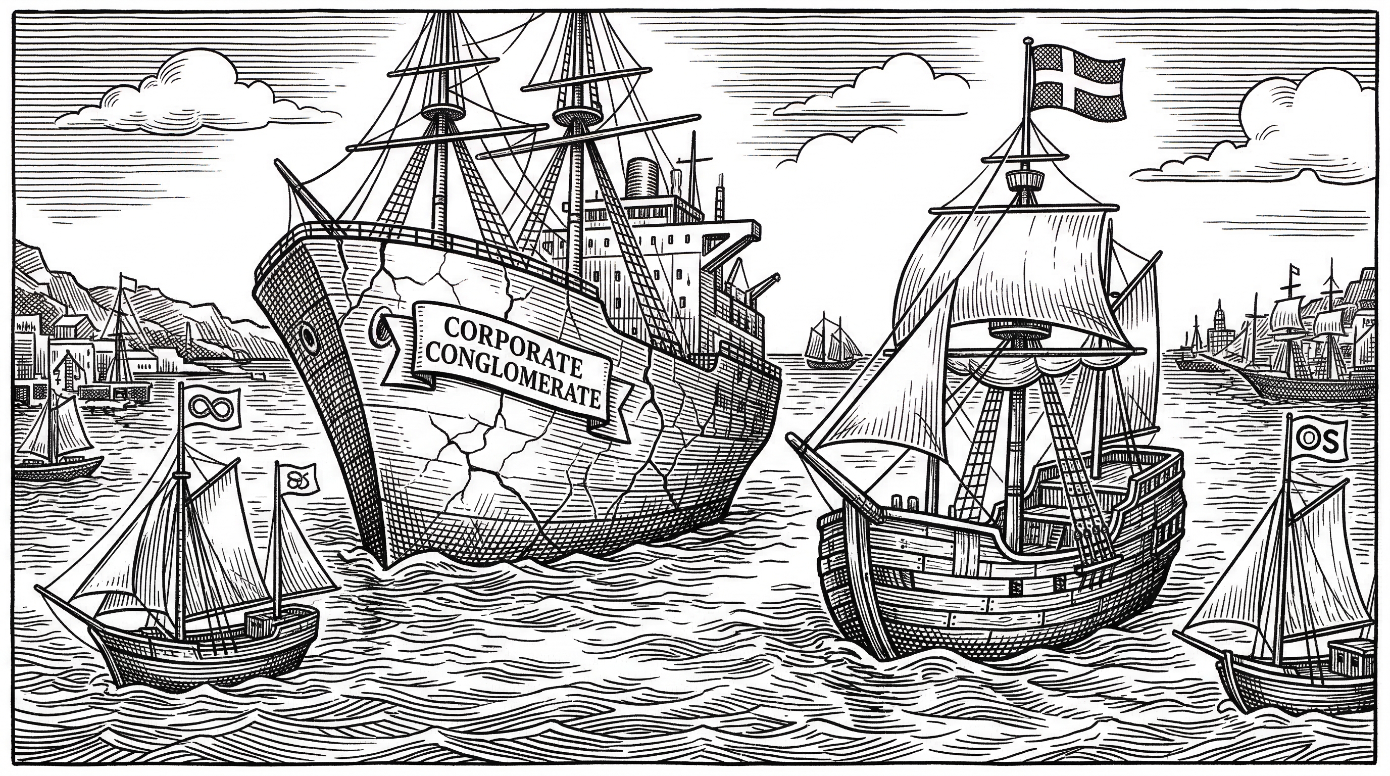 A wide harbor scene with several ships of different sizes. One large corporate vessel labeled with a trident symbol shows cracks in its hull. Several smaller independent vessels of varying designs sail nearby some with open source flags. One vessel flies a Swedish flag and appears newly reinforced with fresh timber.