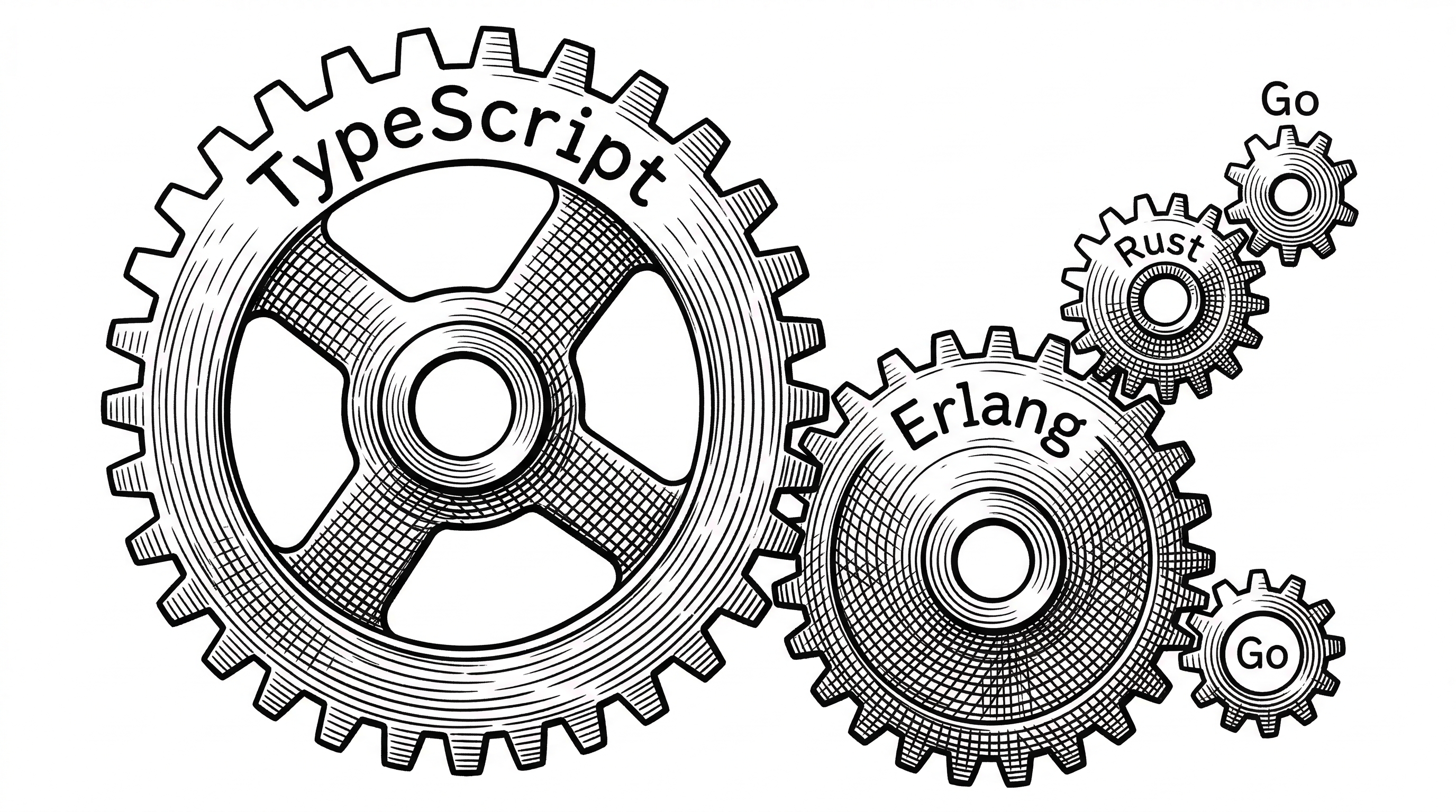 Four interlocking gears of different sizes each labeled with a language. The largest gear labeled TypeScript meshes with a medium gear labeled Erlang which connects to a small precise gear labeled Rust and a tiny gear labeled Go. Each gear has distinct crosshatching patterns to show different materials and purposes.