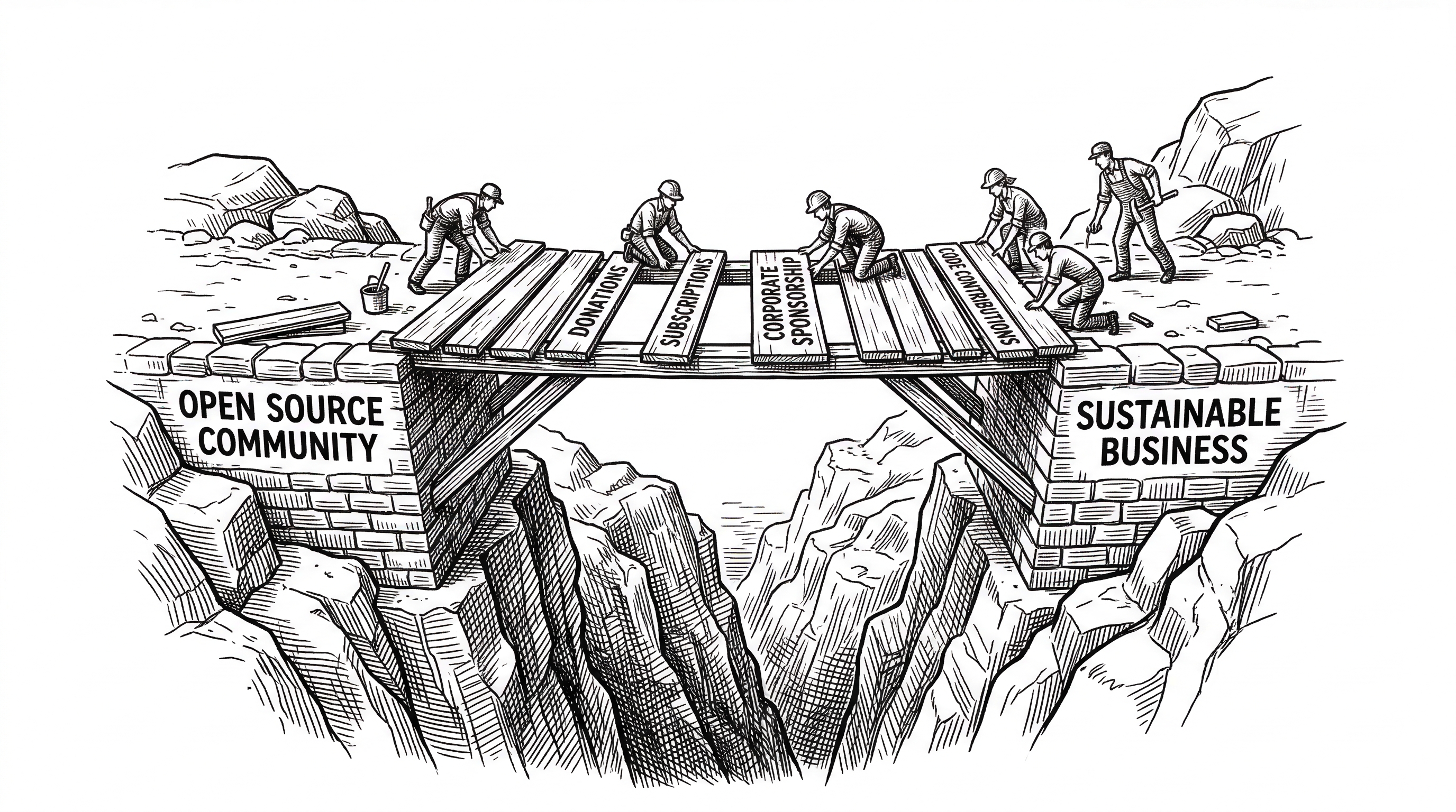 A small but sturdy bridge under construction spanning a deep gorge. On one side a foundation labeled open source community. On the other side a foundation labeled sustainable business. Workers carefully place planks across the gap. Some planks are labeled donations and subscriptions.
