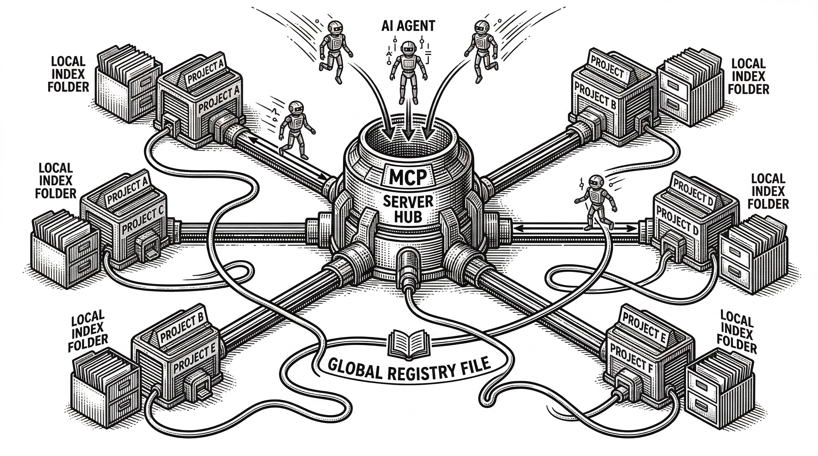 A central MCP server hub connected by spokes to multiple project repositories each with their own local index. A global registry file connects the server to all the repos. AI agent figures approach the central hub and are routed to the correct repo.
