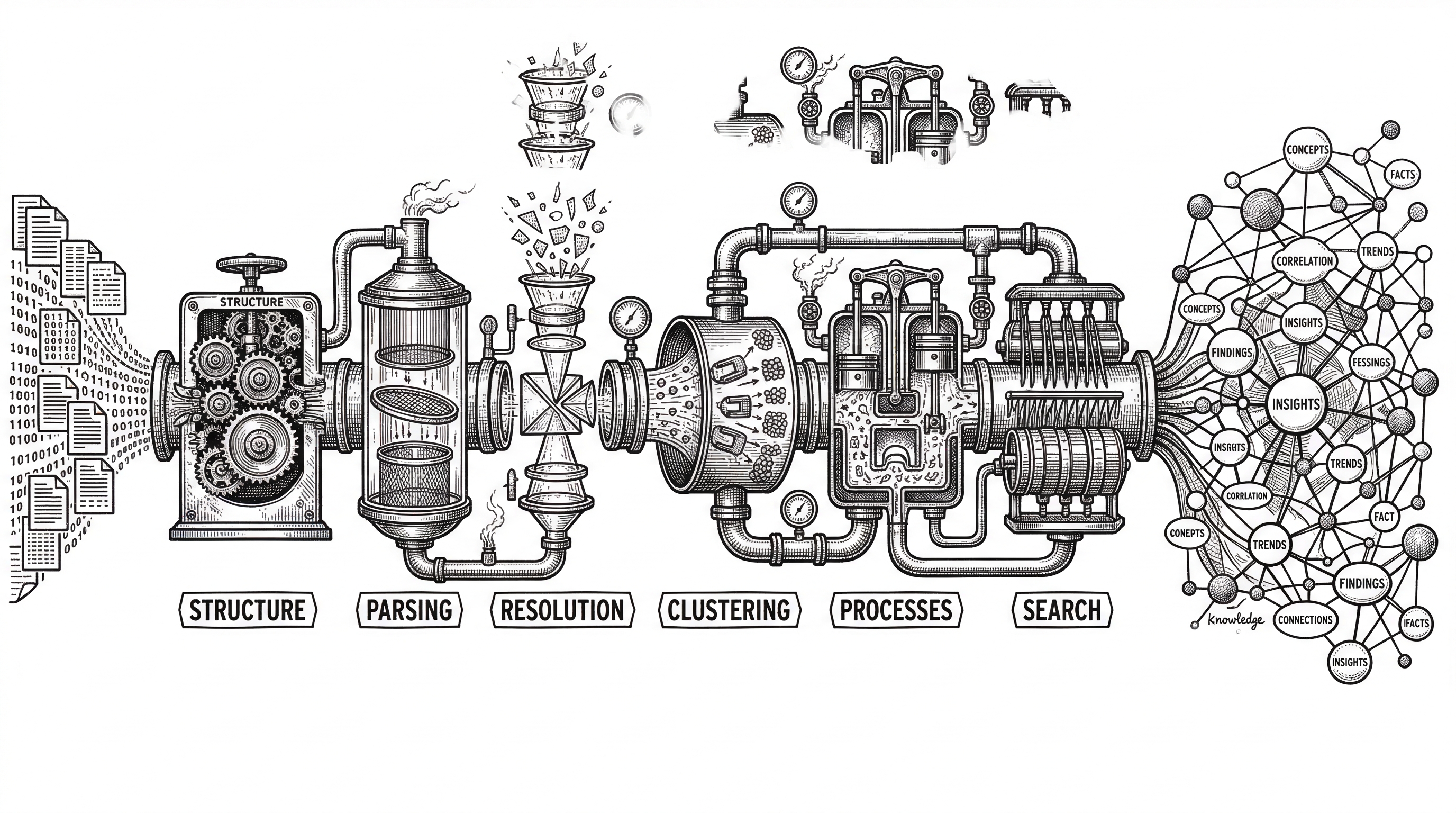 Six connected phases shown as a horizontal pipeline. Files enter on the left pass through Structure then Parsing then Resolution then Clustering then Processes then Search. Each phase is represented by a distinct mechanical component like gears or filters. The output on the right is a dense interconnected knowledge graph.