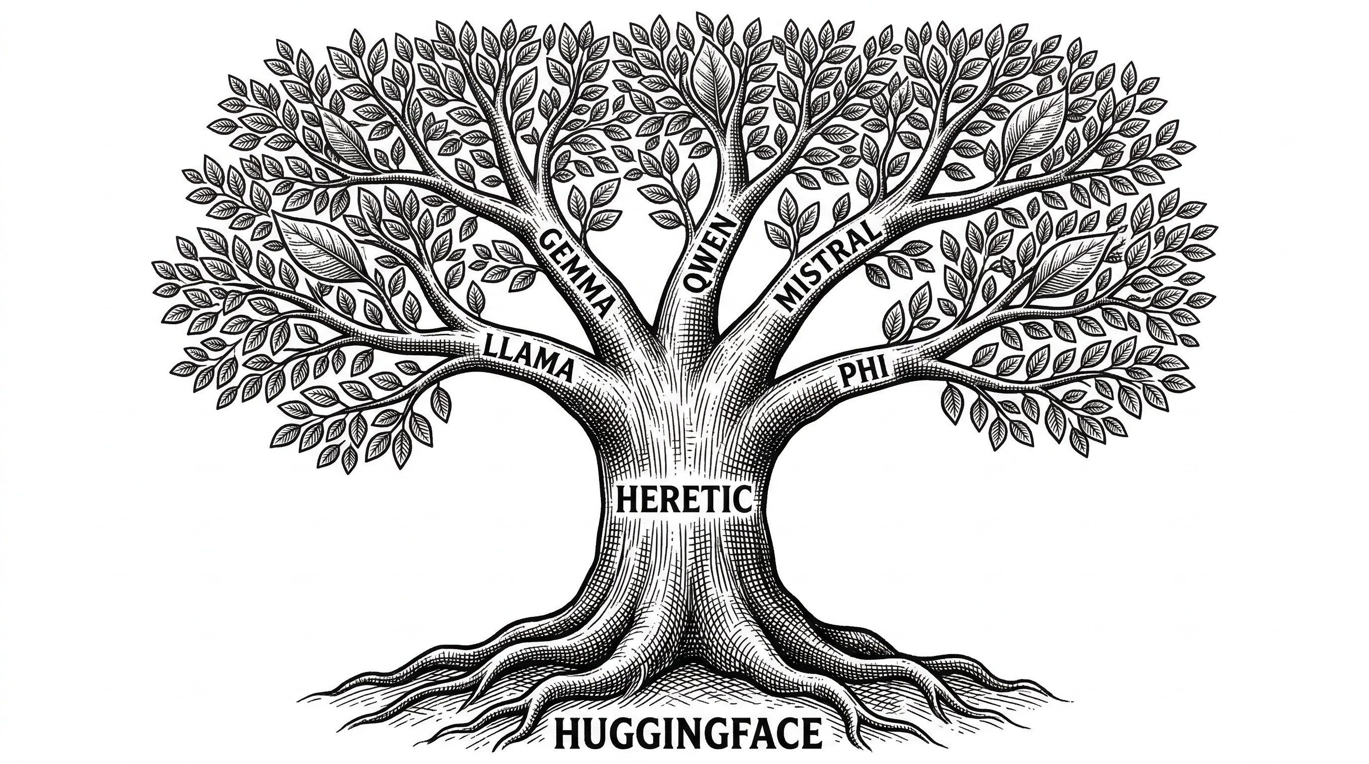 A large tree with over a thousand small leaves representing Heretic models on HuggingFace. The trunk is labeled Heretic and branches represent different model families like Llama Gemma Qwen and others. Some leaves are larger representing popular models.