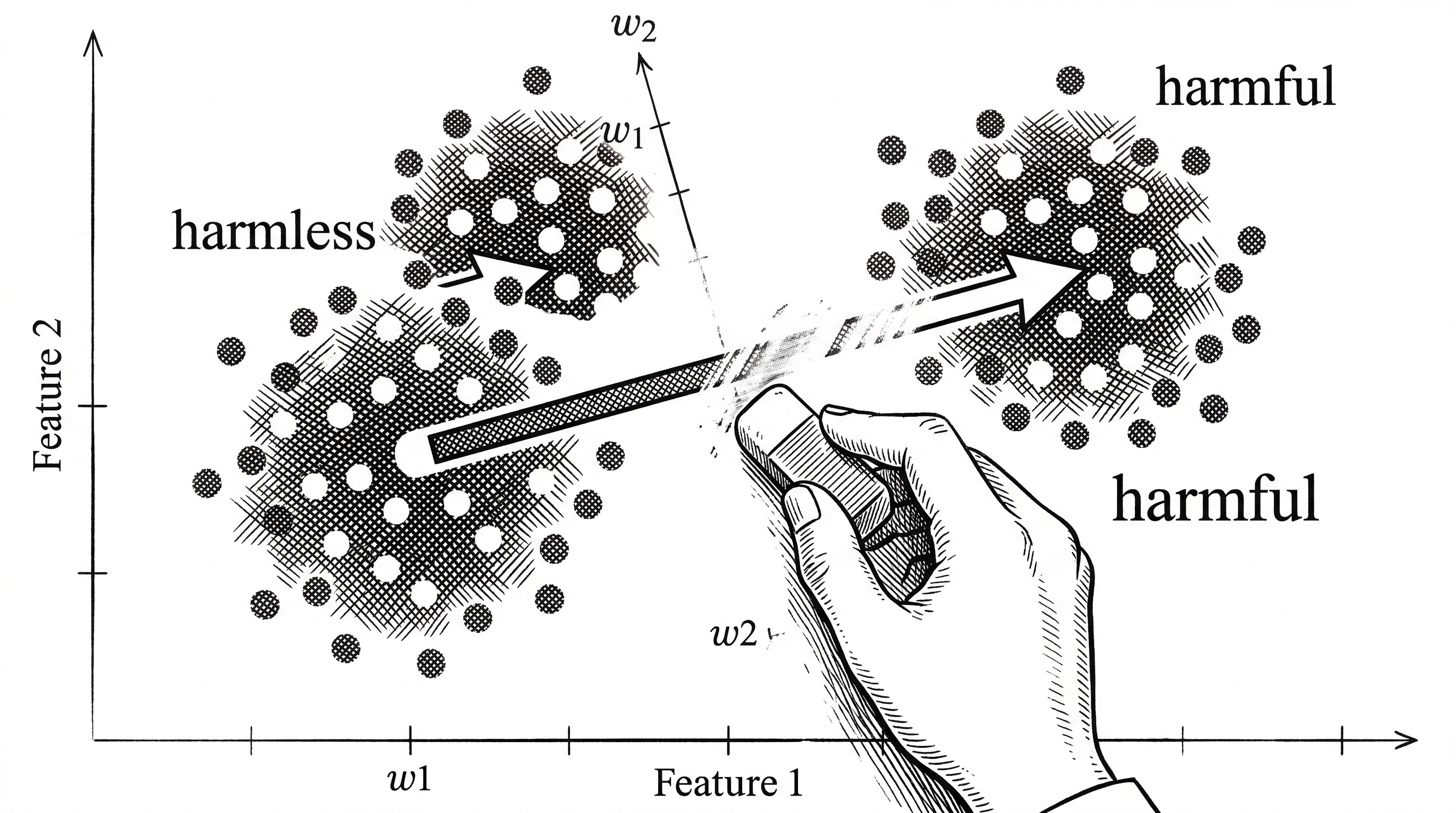 A two-dimensional scatter plot showing two clusters of dots. One cluster labeled harmless prompts and one labeled harmful prompts. A single arrow between their centers represents the refusal direction. The arrow is being erased by a hand.
