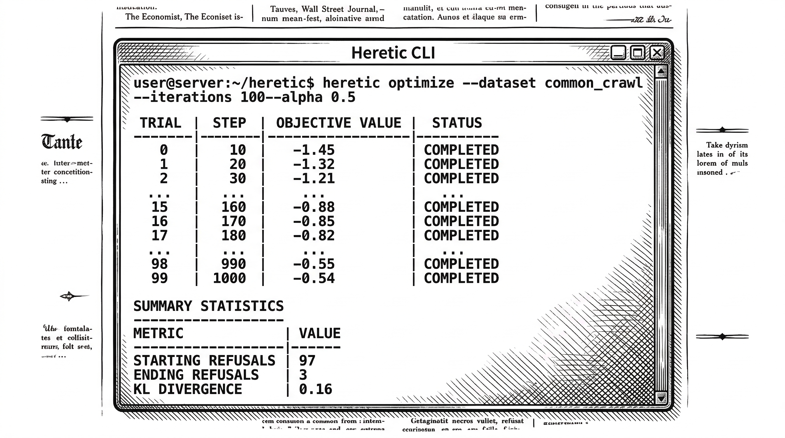 A terminal window showing the Heretic command running. Progress bars show optimization trials completing. A table at the bottom displays refusal counts dropping and KL divergence staying low.