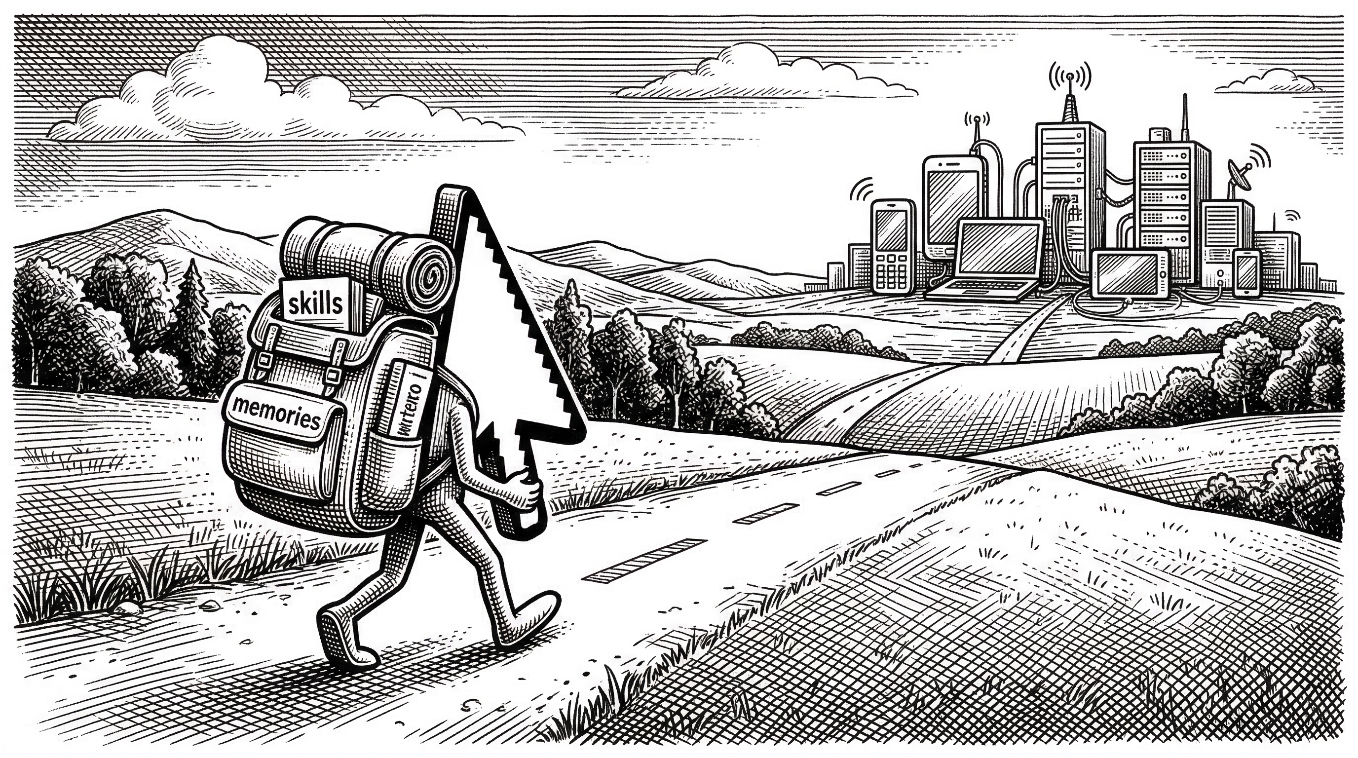 A road stretching toward the horizon. In the foreground a terminal cursor walks along the road carrying a growing backpack of skills and memories. The backpack gets visibly larger as the road progresses. On the horizon a city of connected devices and platforms awaits.