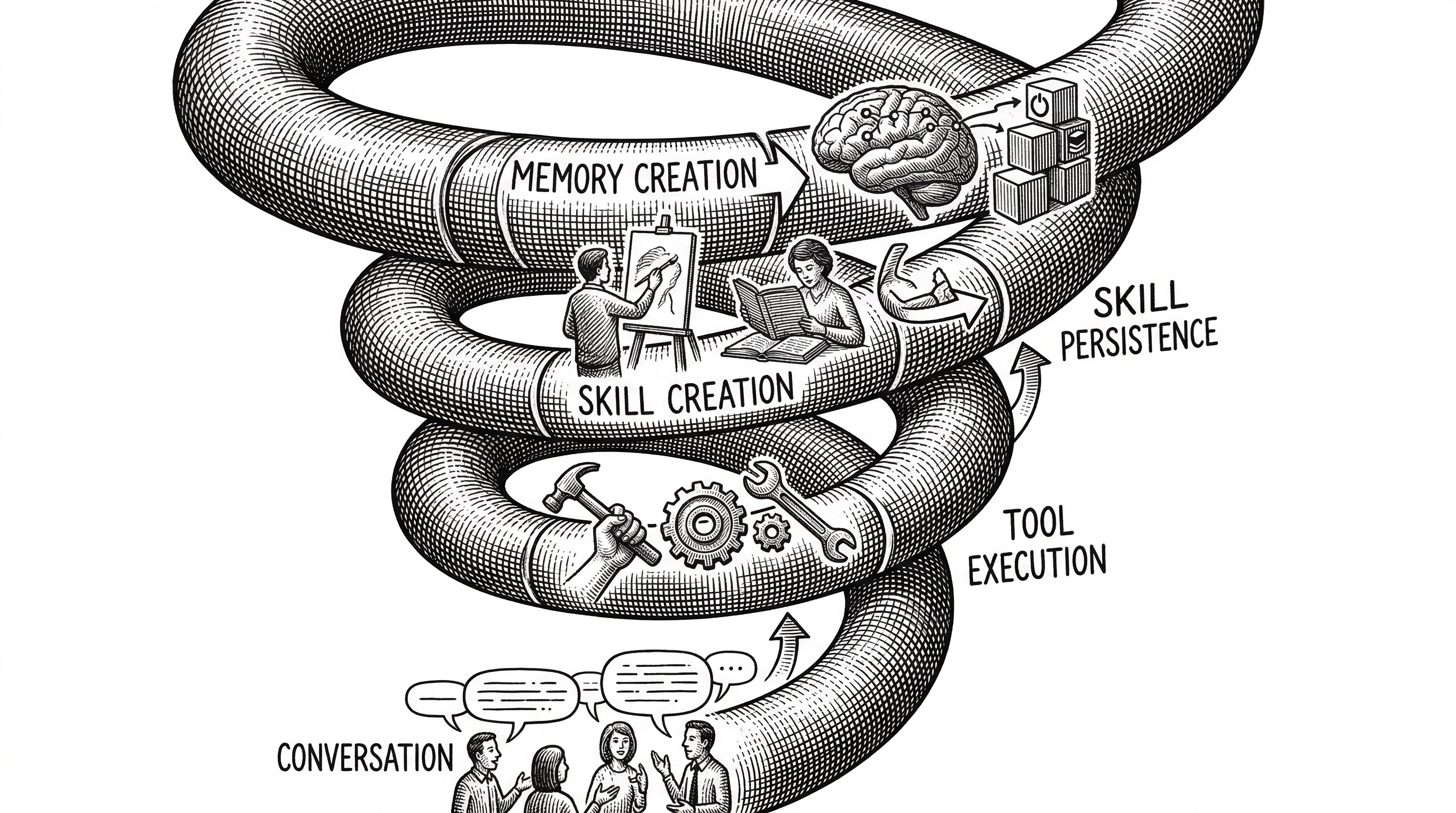A circular diagram showing the Hermes learning loop. A conversation flows into tool execution which flows into skill creation which flows back into the next conversation. Each cycle adds a new ring to the spiral making it visibly larger.