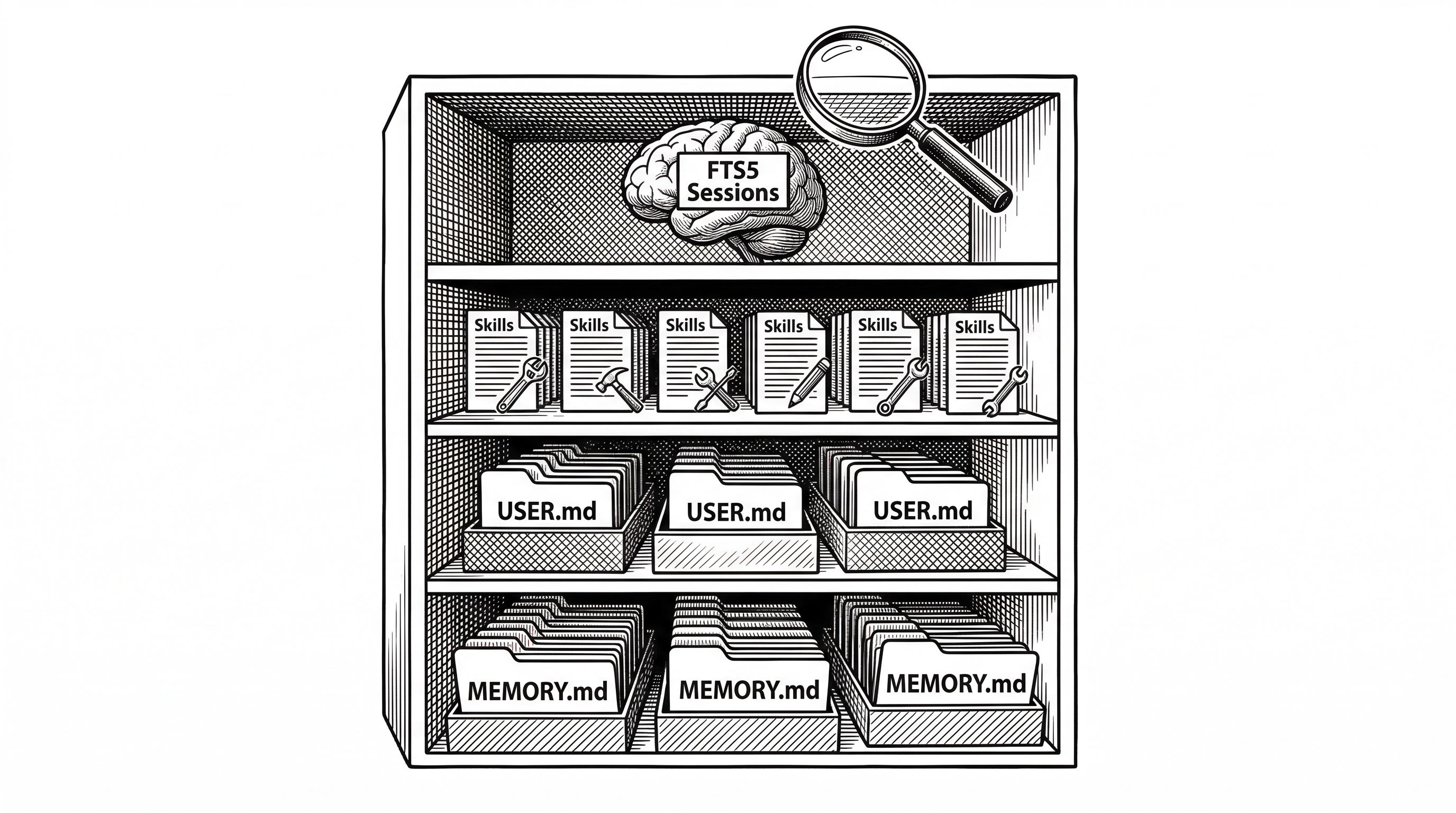 Four stacked shelves viewed from the side. The bottom shelf holds MEMORY.md files, the next holds USER.md files, the third holds skill documents with small tool icons, and the top shelf holds a brain-shaped database labeled FTS5 Sessions. A magnifying glass hovers over the top shelf.