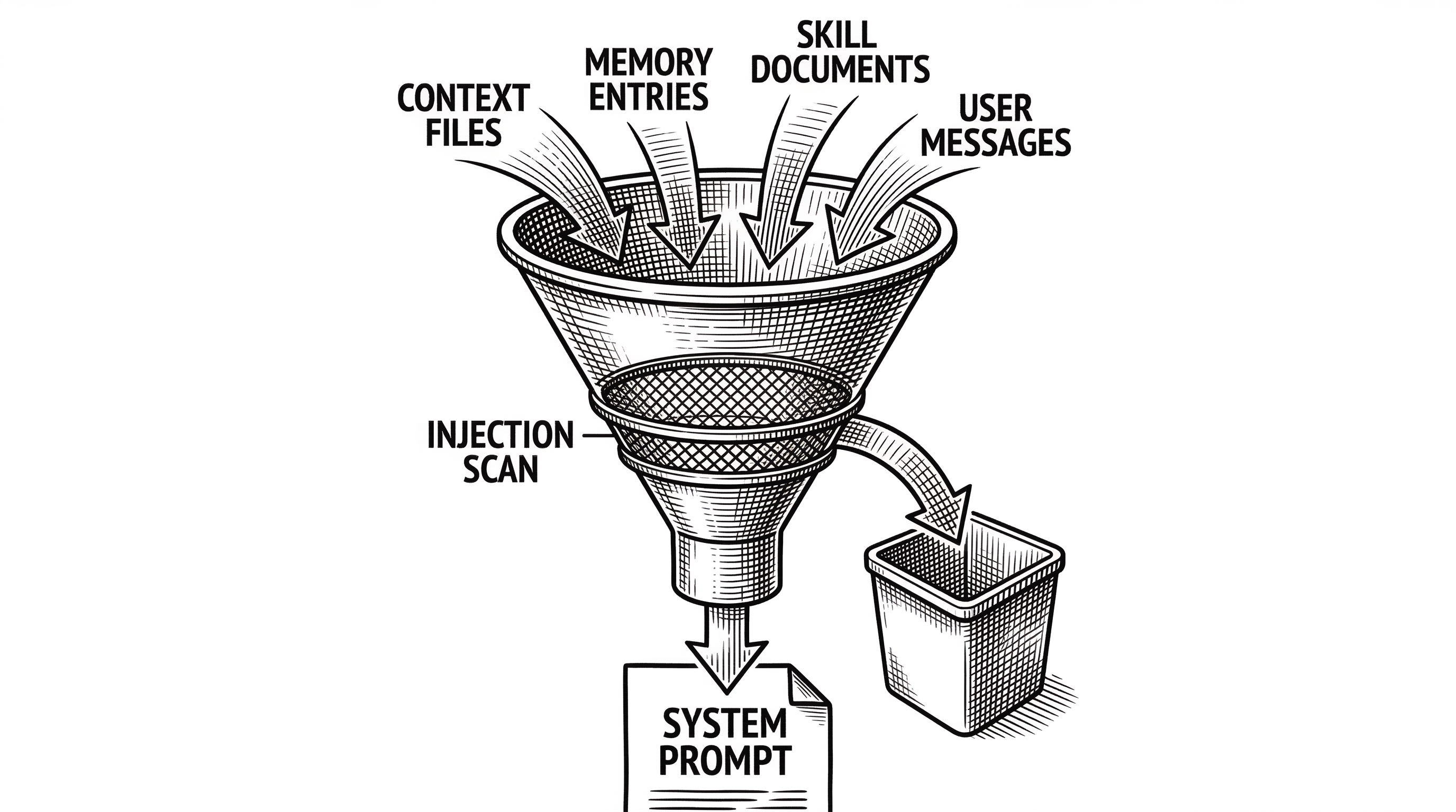 A funnel where various inputs enter at the top: context files, memory entries, skill documents, user messages. Each passes through a fine mesh filter labeled injection scan. Clean inputs emerge at the bottom flowing into the system prompt. Blocked items are deflected to the side.