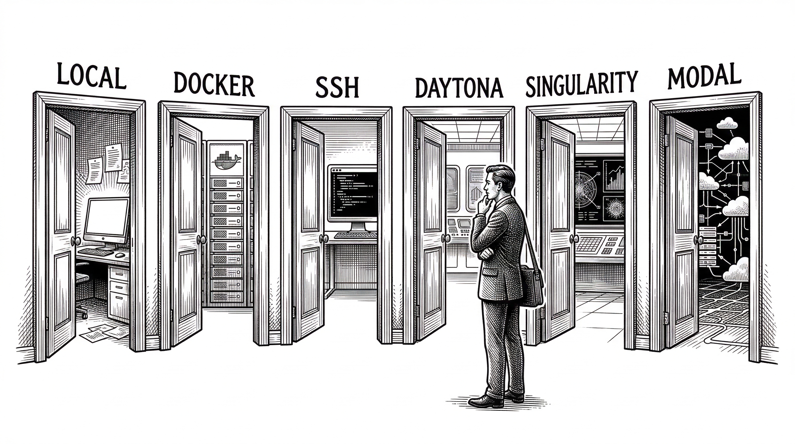 Six doors in a row each labeled with a different terminal backend: Local, Docker, SSH, Daytona, Singularity, Modal. A single agent figure stands in front choosing which door to enter. Through each door a different environment is visible.