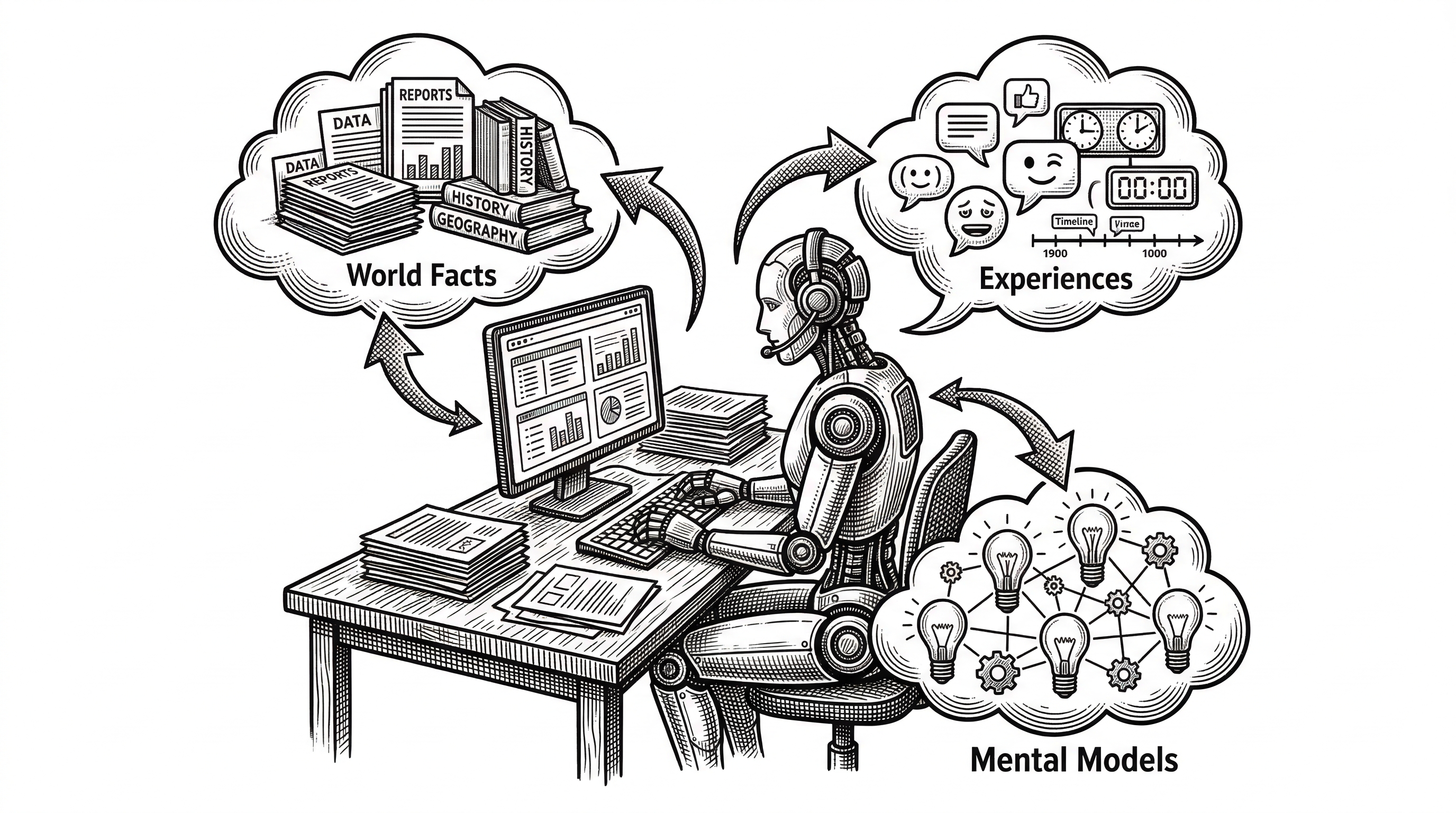 An AI agent depicted as a figure at a desk surrounded by three floating clouds: one with factual documents, one with conversation histories, and one with lightbulb insights. Arrows show the agent drawing from all three while working on a task.