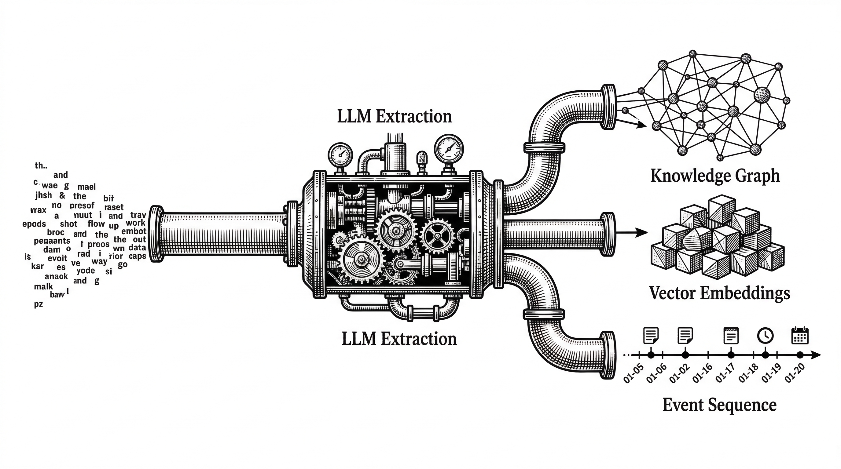 A horizontal pipeline flowing left to right. Raw text enters on the left passes through an LLM extraction stage then a normalization stage then splits into three output streams: entities and relationships going to a graph, vectors going to an index, and time-series going to a timeline.