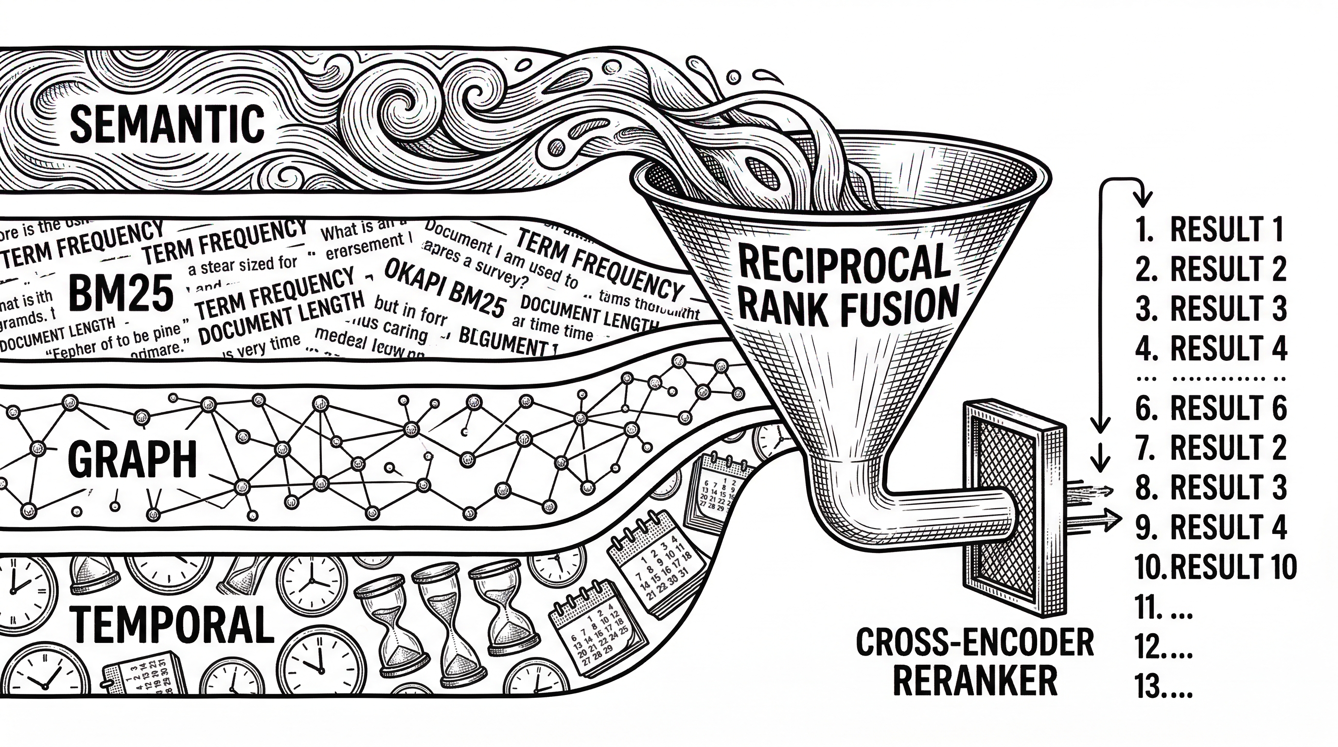Four parallel lanes labeled Semantic, BM25, Graph, and Temporal converge into a funnel labeled Reciprocal Rank Fusion. The funnel outputs into a final filter labeled Cross-Encoder Reranker which produces a clean ordered list.