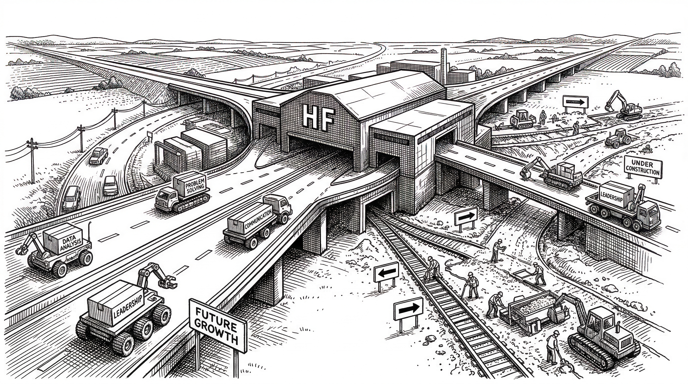 A wide vista showing a network of roads converging on a central hub building labeled HF. Along each road different robot vehicles carry packages labeled with skill names. Some roads are freshly paved while others are still under construction. The perspective creates depth showing the expanding network.