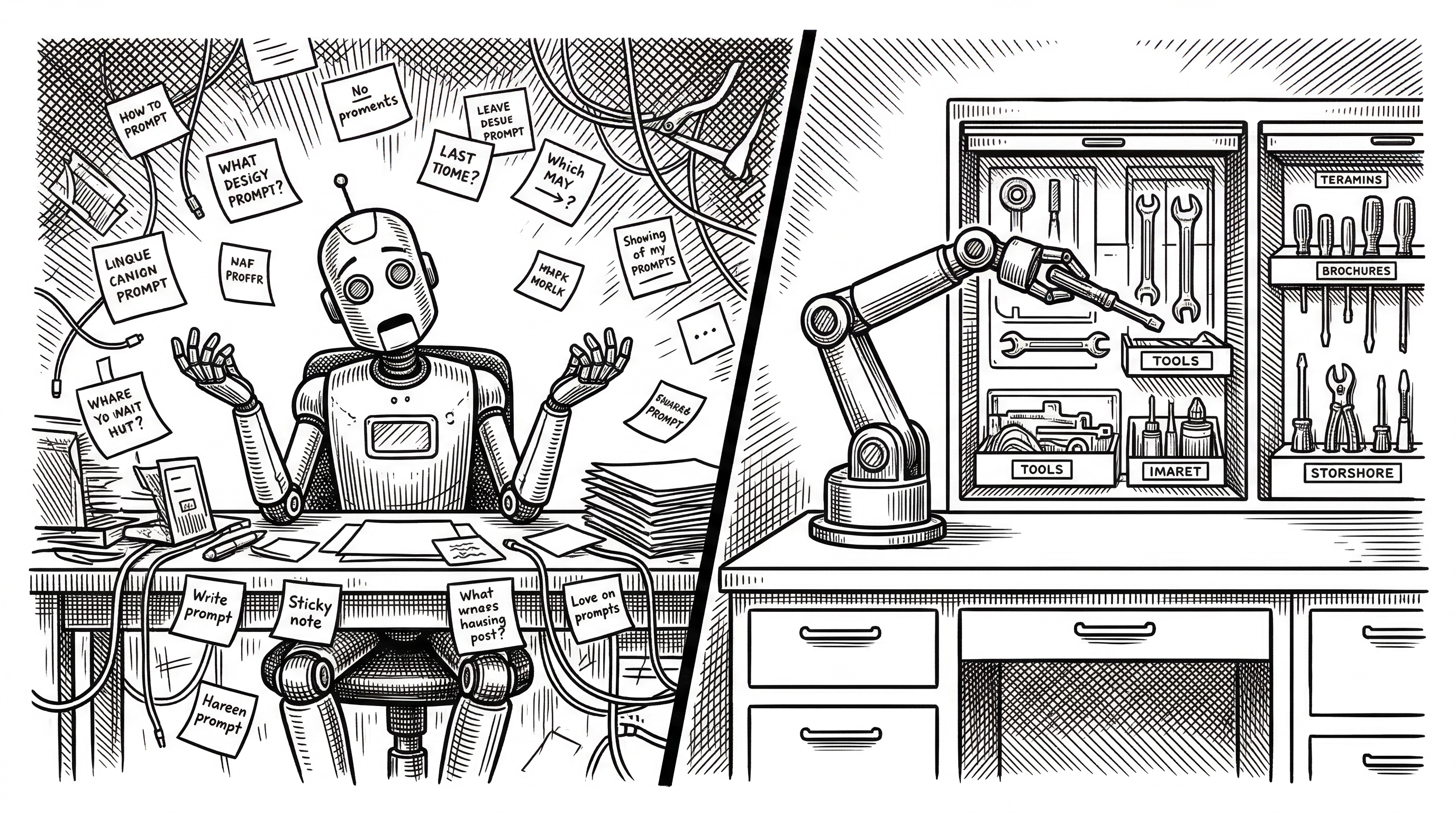 Split composition. Left side shows a messy desk with scattered sticky notes and handwritten prompts flying in different directions. Right side shows the same desk transformed into an organized workshop with labeled drawers and a robotic arm pulling the right tool from a labeled slot.