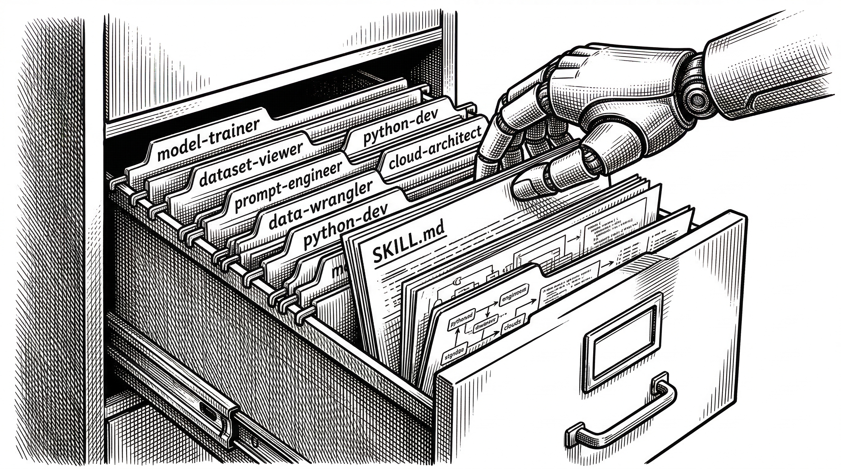 A cross-section of a filing cabinet drawer pulled open revealing neatly organized folders. Each folder tab reads a different skill name. Inside the front folder visible pages show SKILL.md at the top with script files and reference documents below.