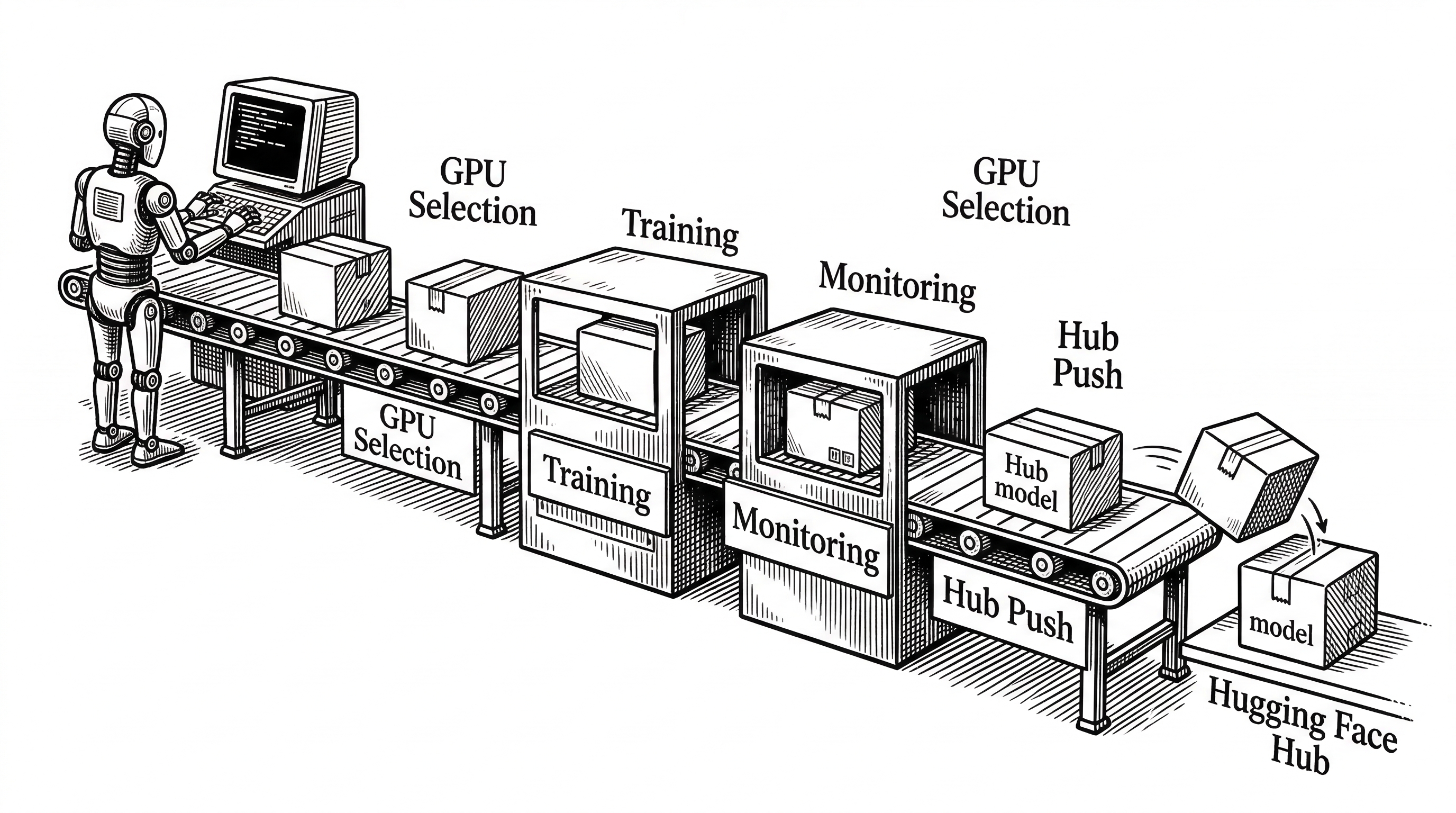 A conveyor belt factory scene. At one end a robot types instructions on a terminal. The conveyor carries the instructions through stages labeled GPU Selection then Training then Monitoring then Hub Push. At the far end a finished model box drops onto a shelf labeled Hugging Face Hub.