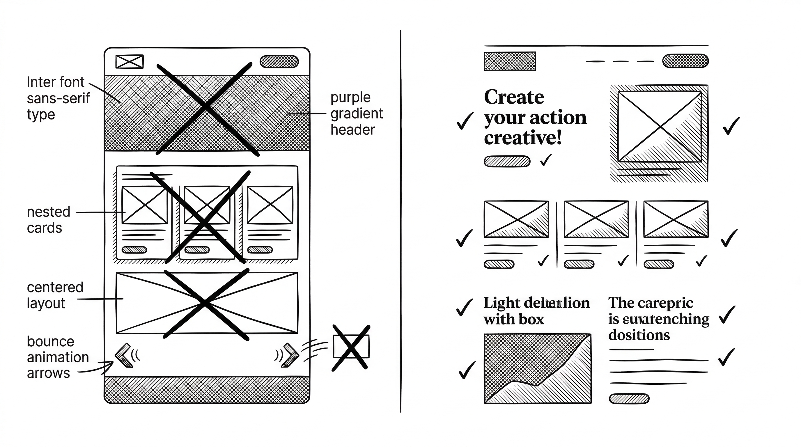 A two-column comparison. The left column shows a generic AI-generated interface with Inter font, purple gradient, nested cards, and centered layout. The right column shows the same content reimagined with distinctive typography, asymmetric layout, tinted neutrals, and intentional whitespace. Red X marks appear over the left elements while green checkmarks appear over the right.