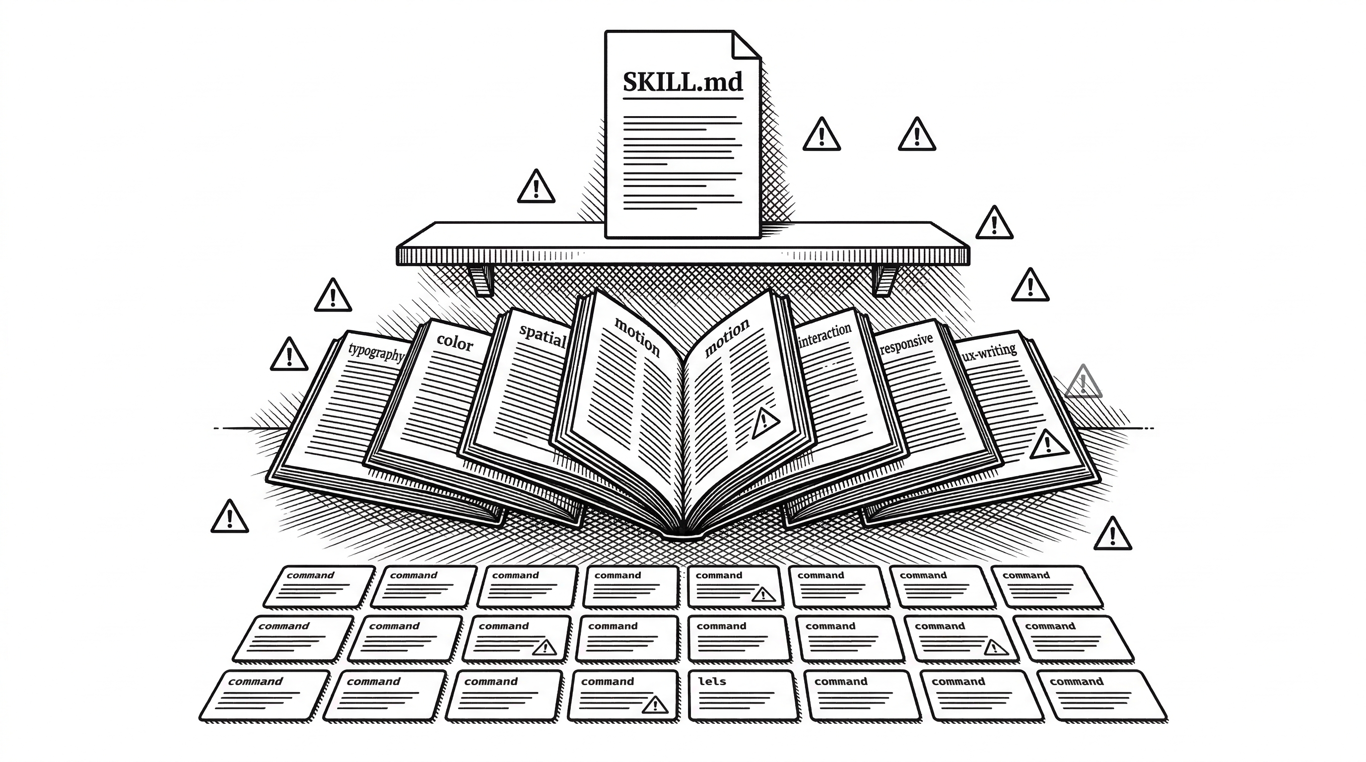 A layered diagram showing the Impeccable skill structure. At the top sits the main SKILL.md file. Below it seven reference documents fan out like chapters of a book. At the bottom twenty command cards are arranged in a grid. Anti-pattern warning signs are scattered throughout.