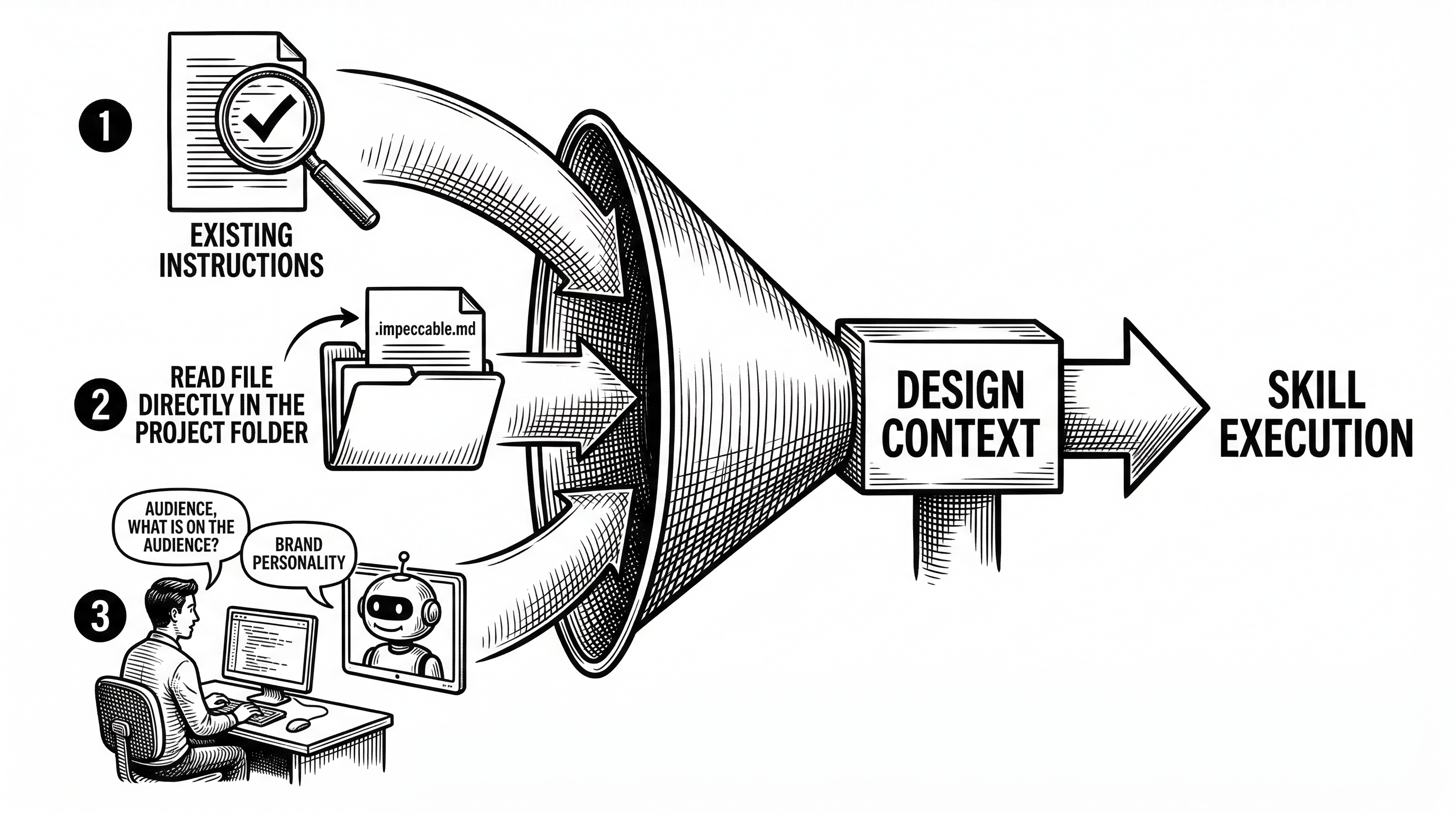 A funnel diagram showing three paths converging. Path one checks existing instructions. Path two reads .impeccable.md from the project root. Path three runs the teach-impeccable command which shows a conversation between developer and AI about audience and brand. All three paths lead to a box labeled Design Context that feeds into the skill execution.