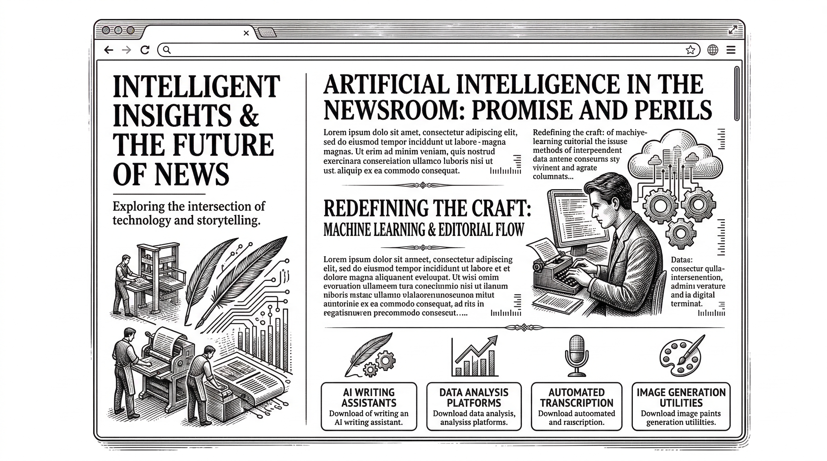 A browser window showing the impeccable.style website. The editorial layout uses a sidebar with the title on the left and content flowing on the right. Typography is elegant with a serif display font and clean sans-serif body. A download section shows buttons for different AI tools.