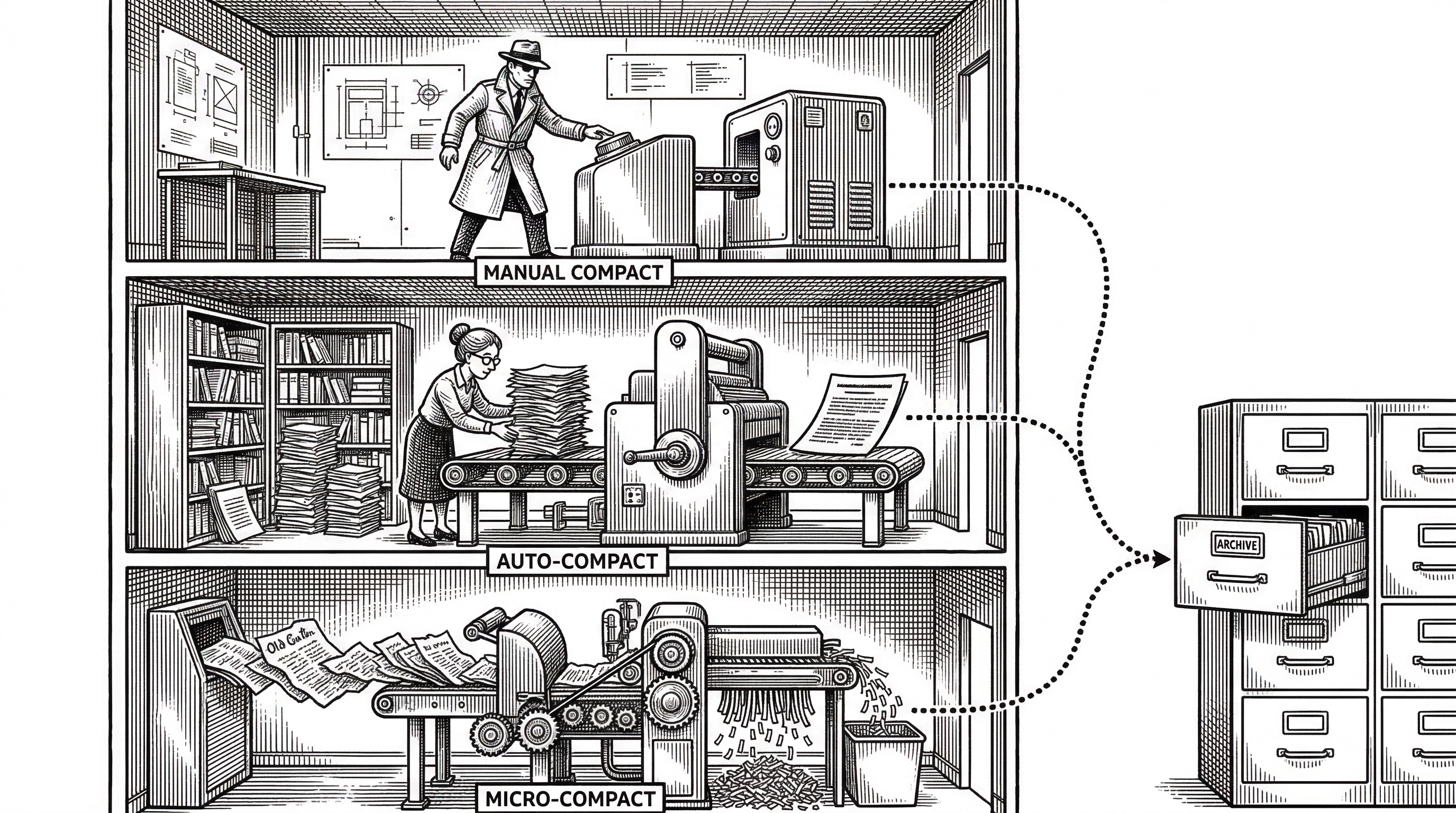A cross-section of a building with three floors. The bottom floor is labeled micro-compact and shows old documents being shredded into short labels. The middle floor is labeled auto-compact and shows a librarian condensing a tall stack of papers into a single summary page. The top floor is labeled manual compact and shows the agent pressing a big red button to trigger the same condensation. A dotted line shows the transcript being archived to a filing cabinet on the side.