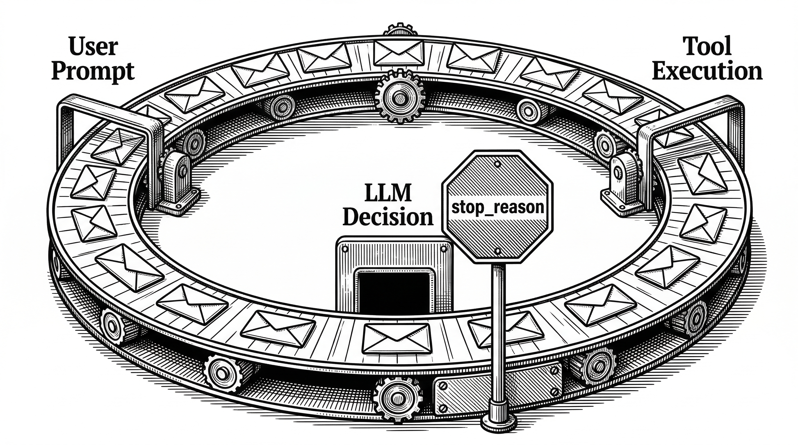 A circular conveyor belt connects three stations: User Prompt on the left, LLM Decision in the center, and Tool Execution on the right. Messages flow clockwise around the belt. A prominent stop sign sits at the LLM Decision station with the label stop_reason != tool_use indicating the exit condition. The conveyor is simple and mechanical.
