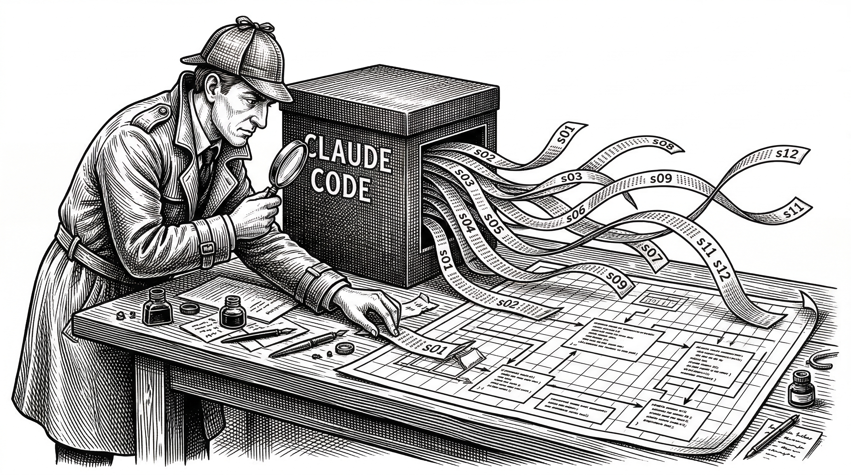 A detective with a magnifying glass examines a large black box labeled Claude Code. Lines of deobfuscated code stream out of the box like ribbons being pulled. Each ribbon is labeled with a session number from s01 to s12. The detective is piecing them together on a workbench into a clean blueprint.
