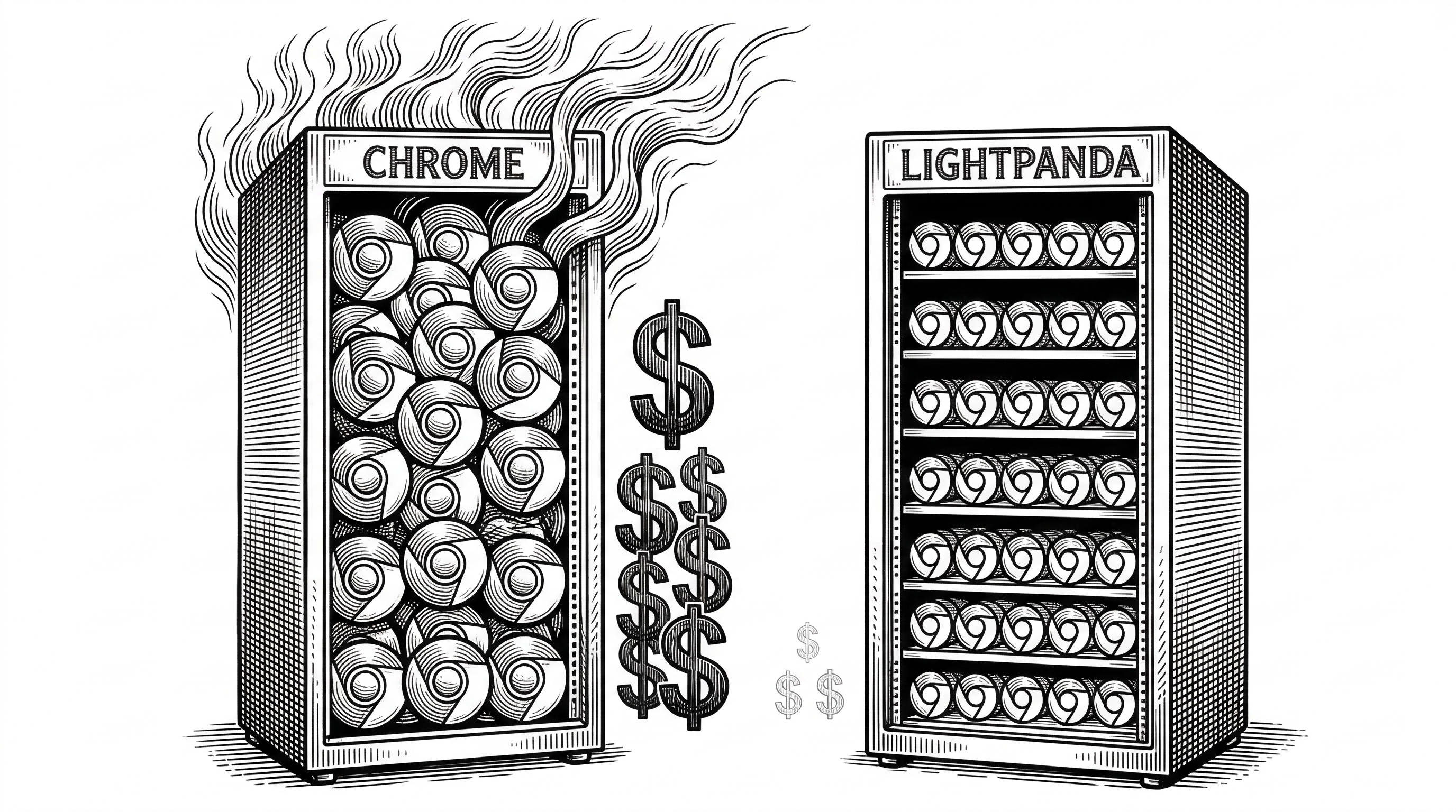 Two server racks side by side. The left rack labeled Chrome shows 15 browser icons crammed in with heat waves rising. The right rack labeled Lightpanda shows 140 small lean browser icons neatly arranged with room to spare.