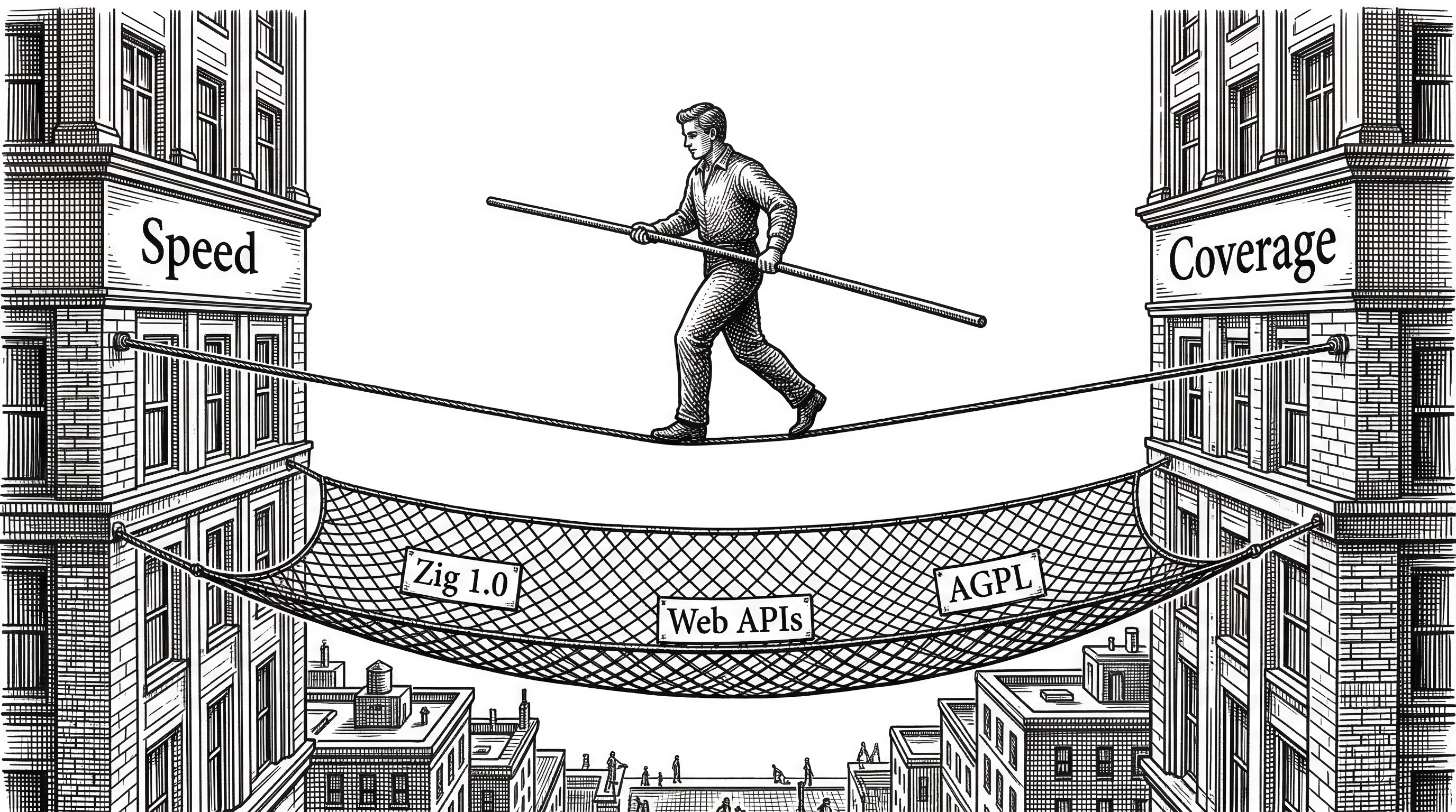 A tightrope walker balancing on a wire stretched between two tall buildings. The buildings are labeled Speed and Coverage. Below the wire is a safety net with holes labeled Zig 1.0 and Web APIs and AGPL.