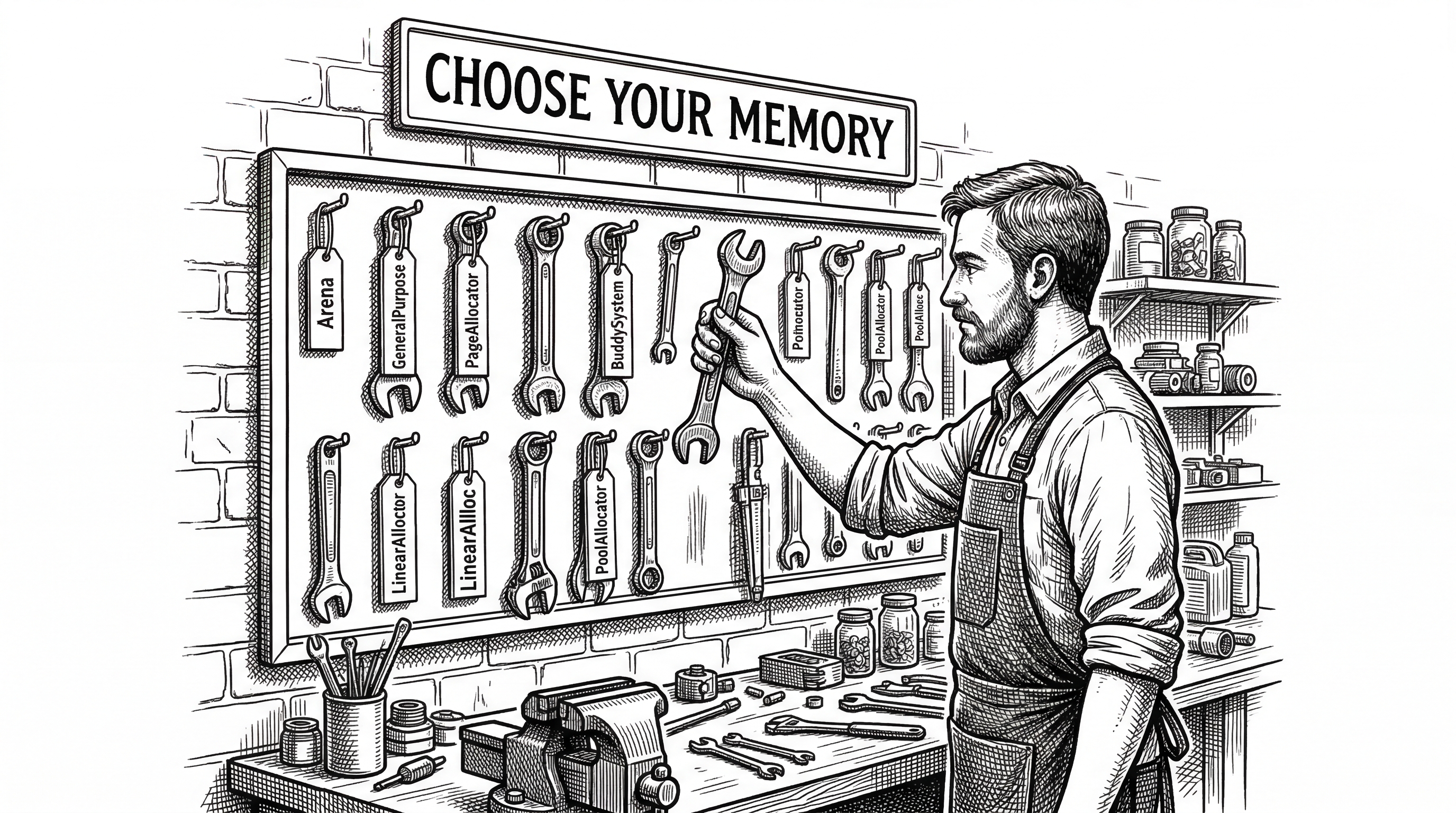 A workshop scene showing a craftsperson carefully selecting specific tools from a labeled rack. Each tool is tagged with an allocator name like Arena and GeneralPurpose. A sign above reads Choose Your Memory.