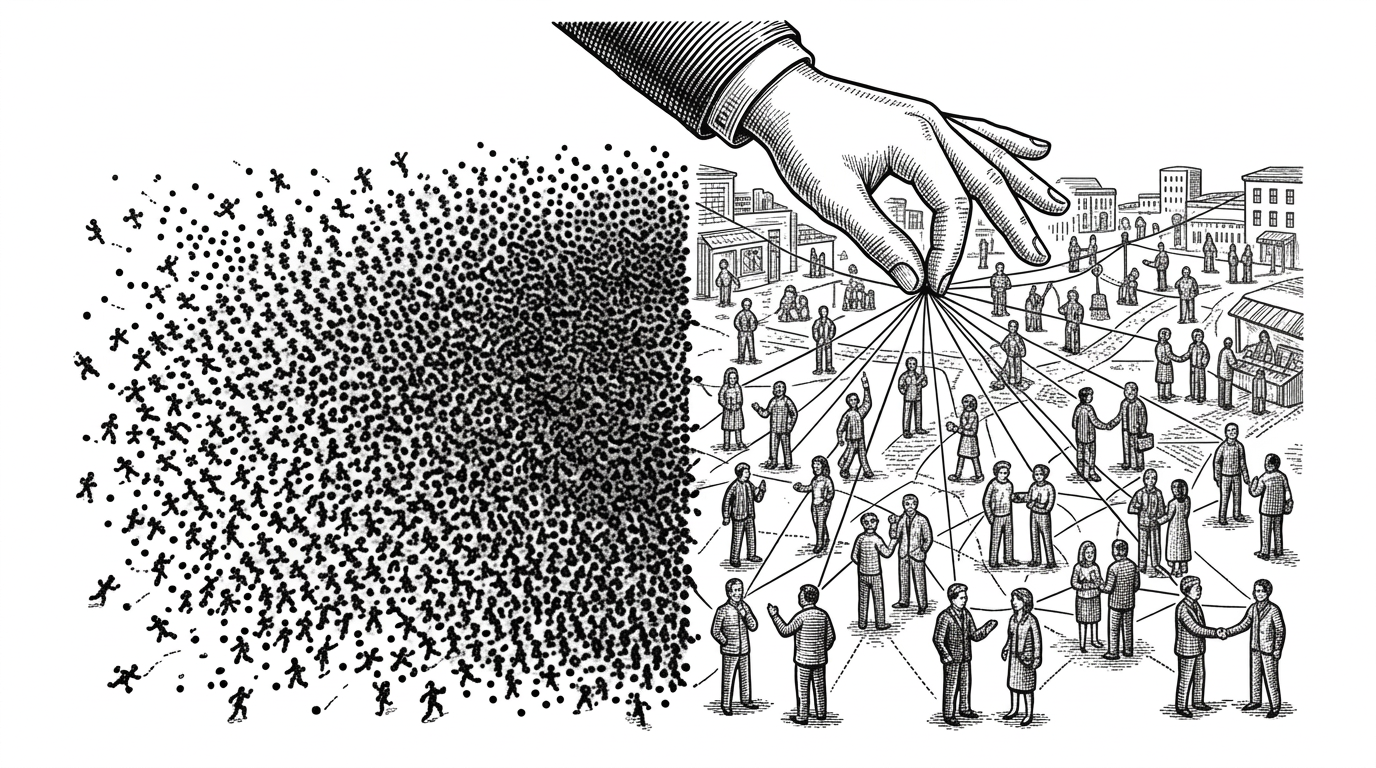 Split composition. Left side shows chaotic swarm of identical agent dots without connections. Right side shows structured society of distinct agent figures connected by visible memory threads with a user hand intervening from above. Clear visual contrast between traditional approaches and MiroFish. Black ink editorial style on white.