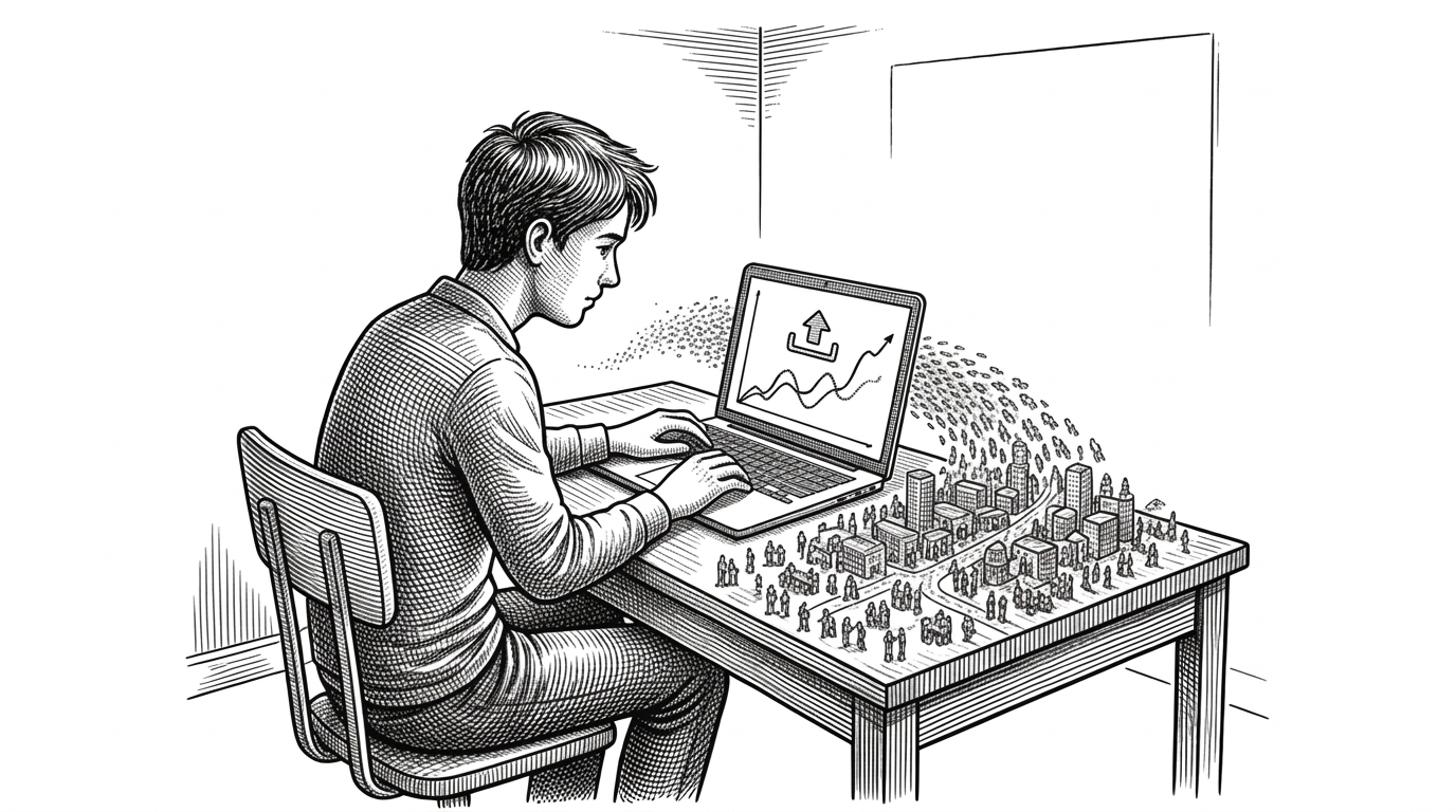 A sparse room with a young programmer at a laptop. From the screen emerges a growing crowd of small stylized agent figures forming a miniature society on the desk around the computer. The laptop displays a simple upload interface and swirling knowledge graph. Black ink crosshatching on white background.