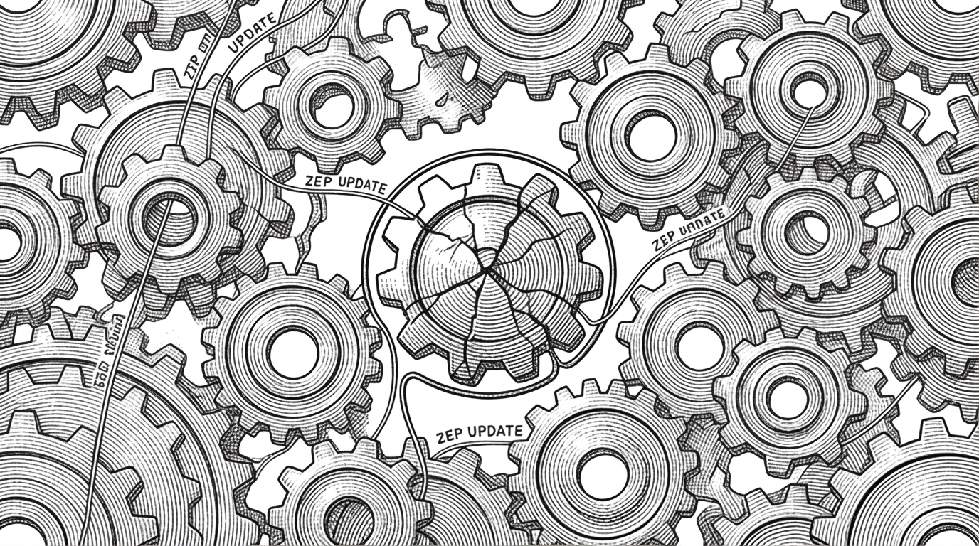 Extreme close-up of interlocking gear-like nodes forming a knowledge graph. One central node shows a contained crack representing imperfect memory, surrounded by a firewall line. Surrounding nodes turn smoothly with thin threads labeled Zep update weaving through them. Black ink crosshatching and stippling on pure white background.