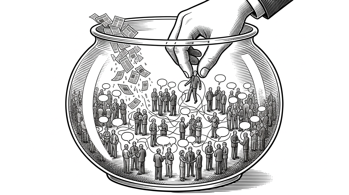 A glass fishbowl terrarium containing hundreds of stylized humanoid agent figures interacting in small groups. Thin memory threads connect some figures. A giant hand reaches in from above to adjust one agent. News clippings fall from the top as seed material. Black ink crosshatching on pure white background.