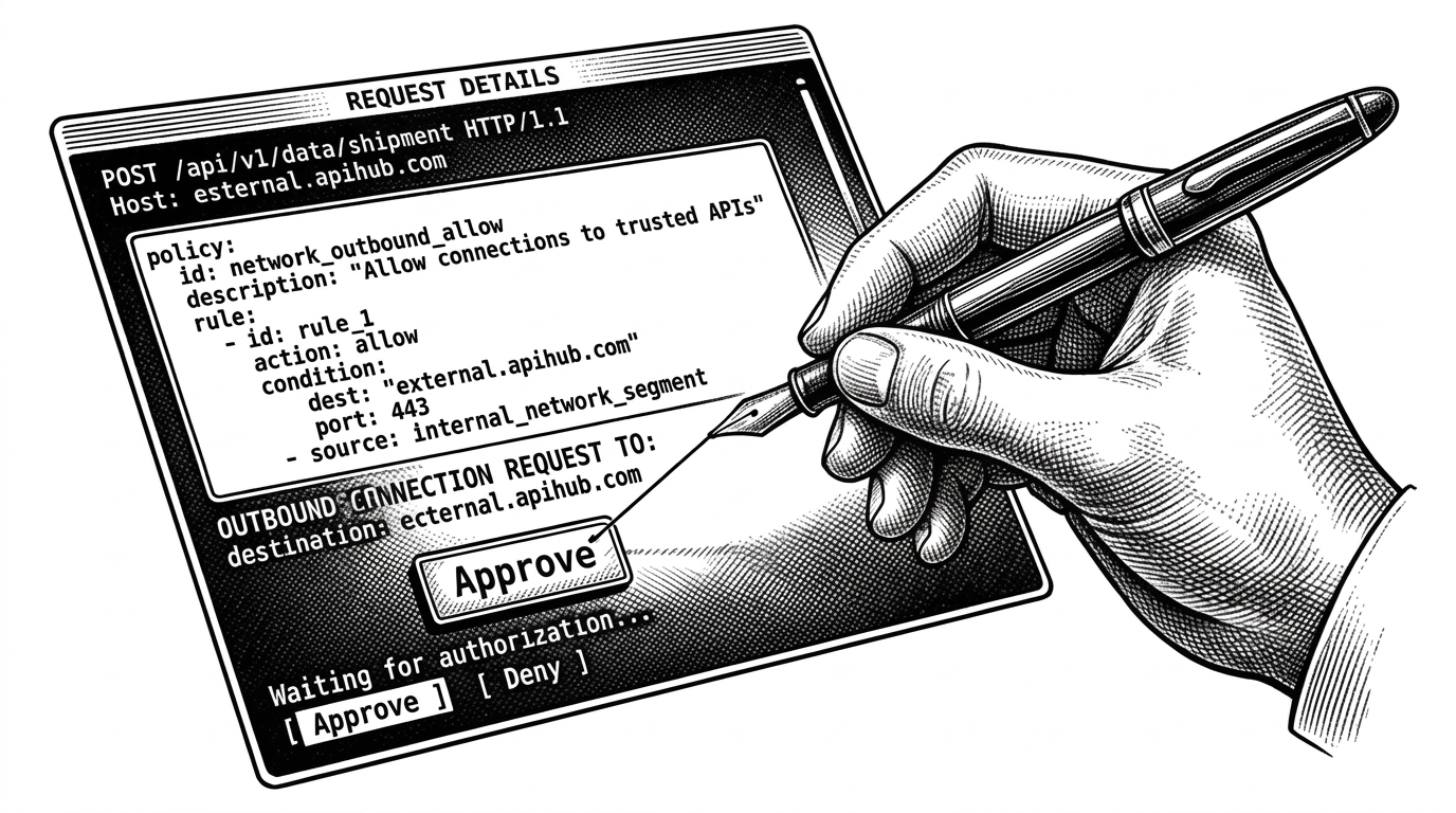 Close-up of a human hand holding a pen hovering over a terminal screen displaying an outbound request to connect to an API. A taut thread connects the pen to an Approve button. Visible YAML policy snippet on screen.