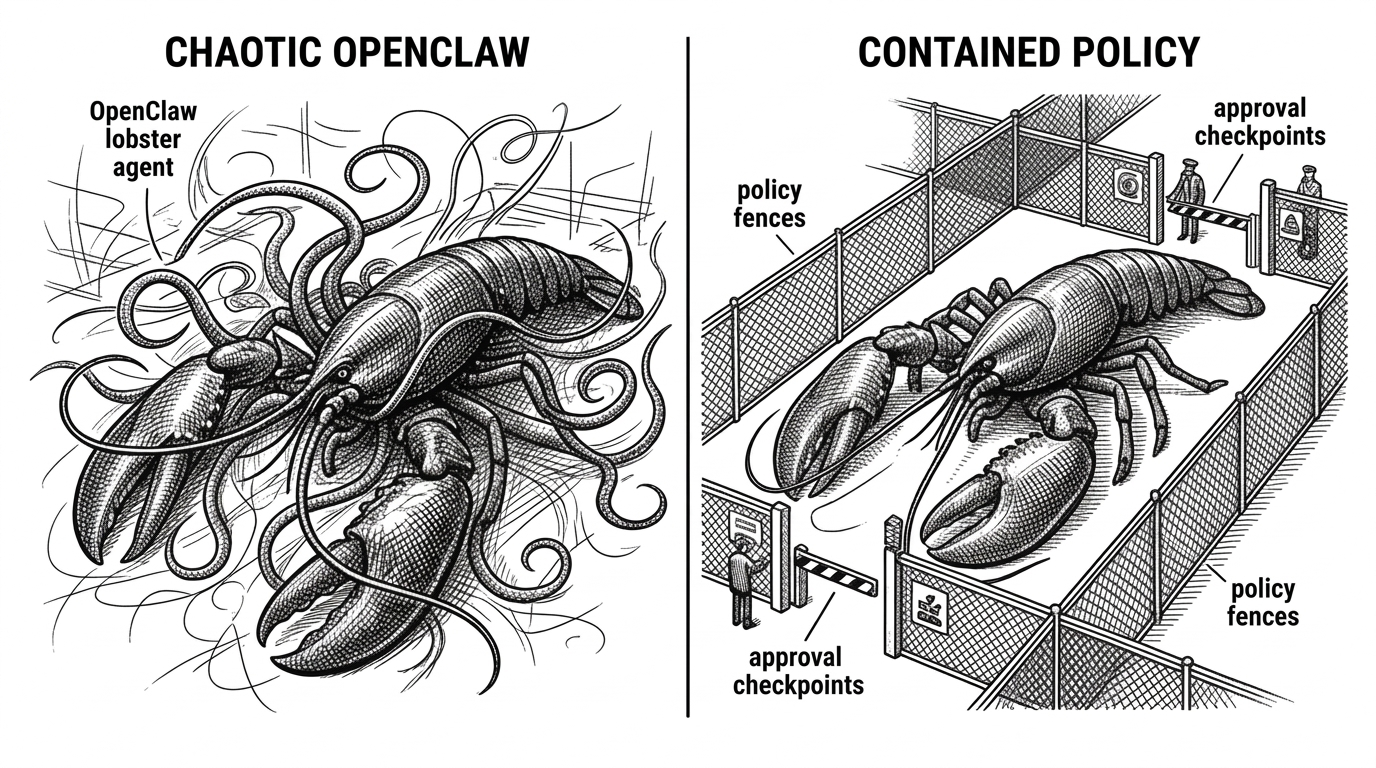 Split composition. Left side shows a wild OpenClaw agent with tentacles reaching in all directions and chaotic lines. Right side shows the same agent contained within clean policy fences and approval checkpoints. Clear visual contrast between uncontrolled and governed.