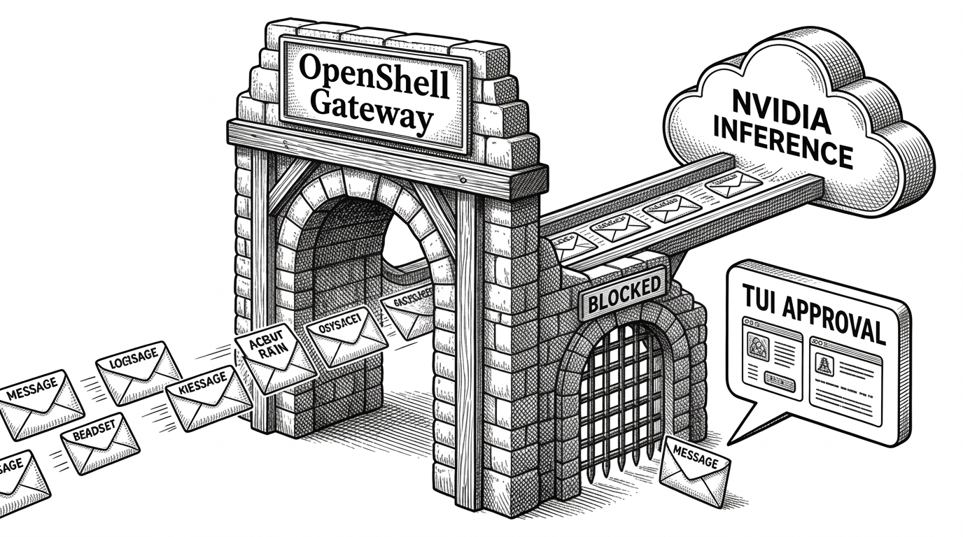 An OpenShell gateway depicted as a fortified archway. An agent message approaches the gateway. Some messages route to a cloud icon while others trigger a TUI approval bubble. Clean lines show the flow of requests and decisions.