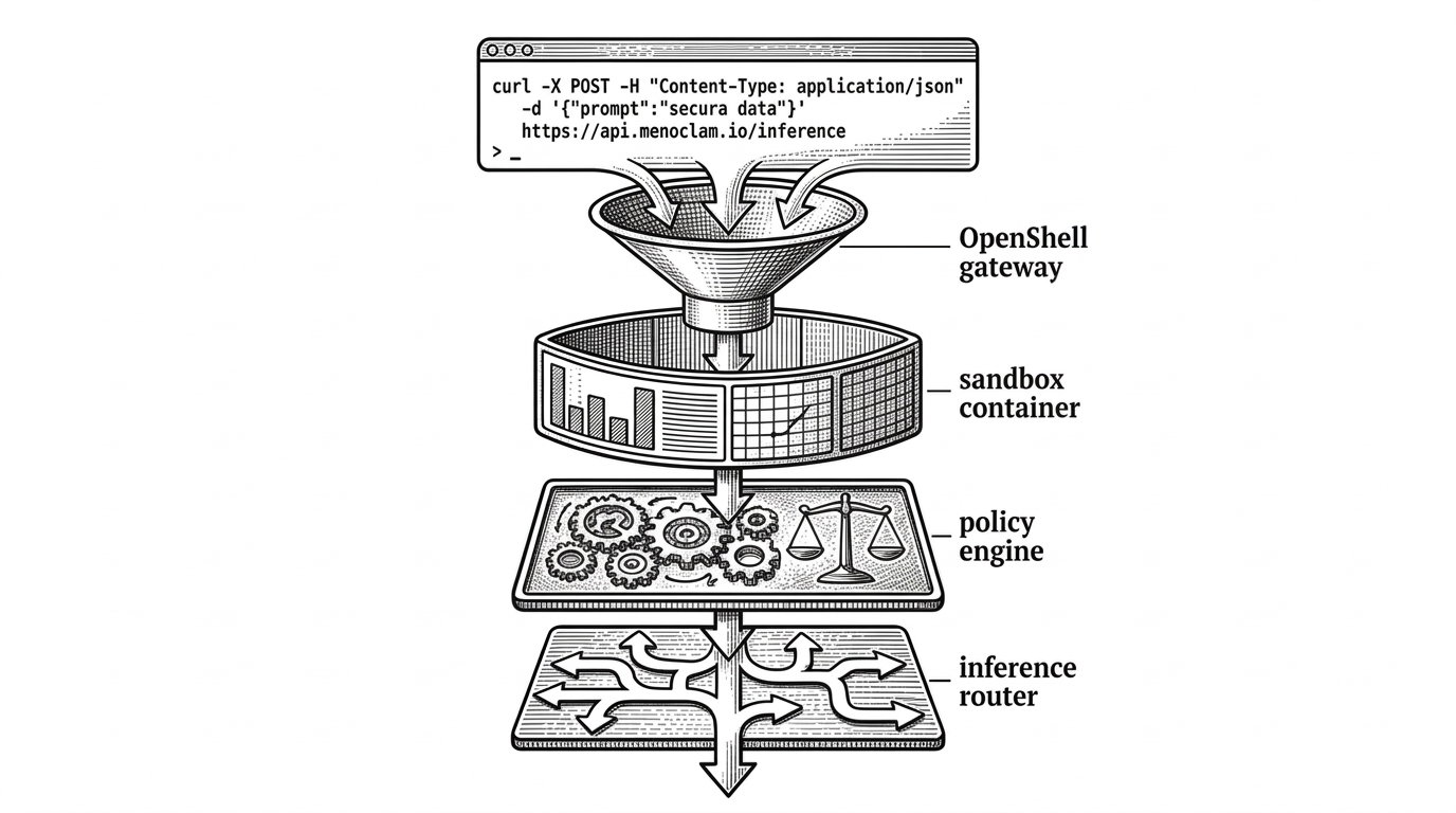 A wide scene showing the NemoClaw installation process as a layered fortress. The curl command flows into OpenShell gateway, sandbox container, policy engine and inference router. Clean lines separate each defense layer.