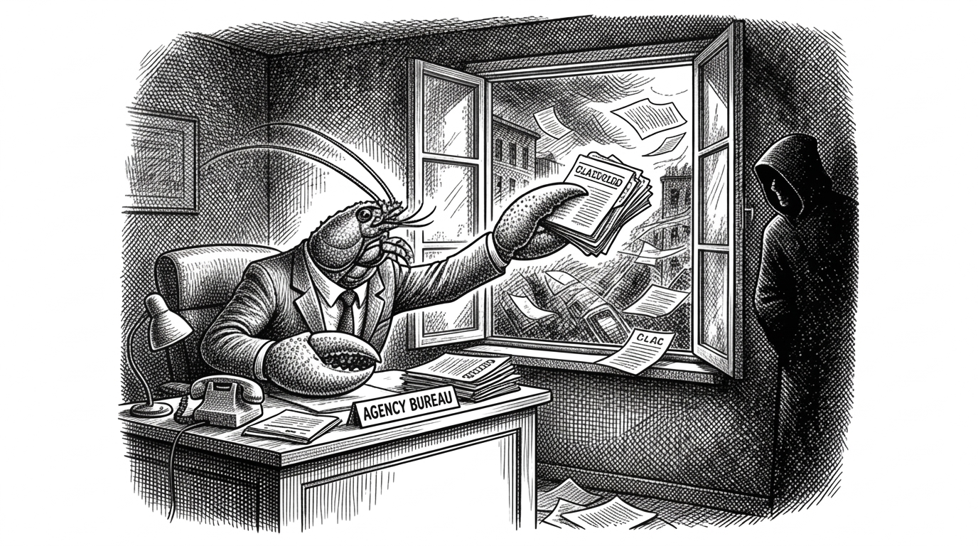 An anthropomorphic claw or lobster agent sits at a desk reaching through an open window to grab files from outside. A shadowy figure watches from the side. One side of the image shows chaotic crosshatched freedom while the other hints at consequences.