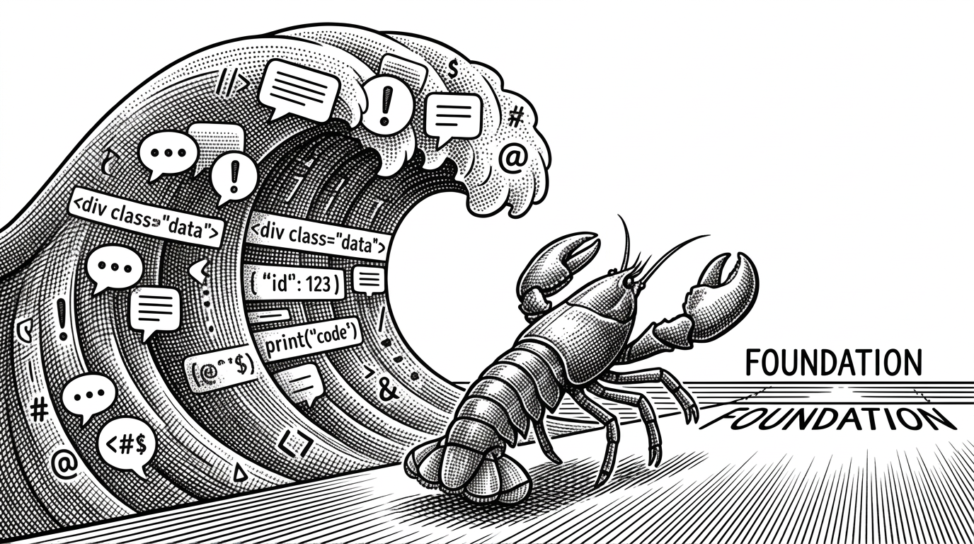 A quiet wide scene of a lobster walking away from a massive but contained wave of chat bubbles and code, heading toward a horizon labeled foundation. Reflective and calm atmosphere.