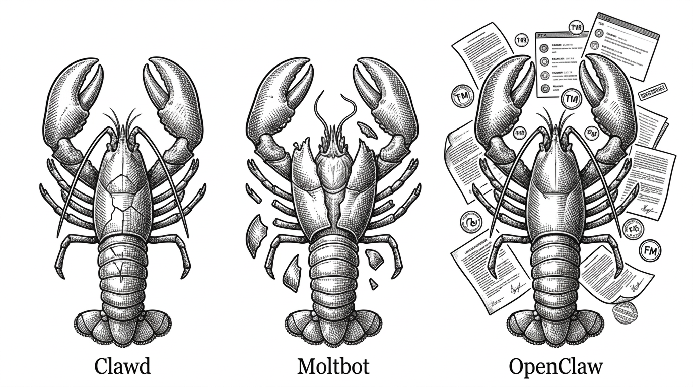 Three sequential lobster shells in different stages of molting. Each shell is labeled with a previous project name: Clawd, Moltbot, and finally OpenClaw. Legal documents, Discord screenshots, and trademark stamps fly around the final strong shell.