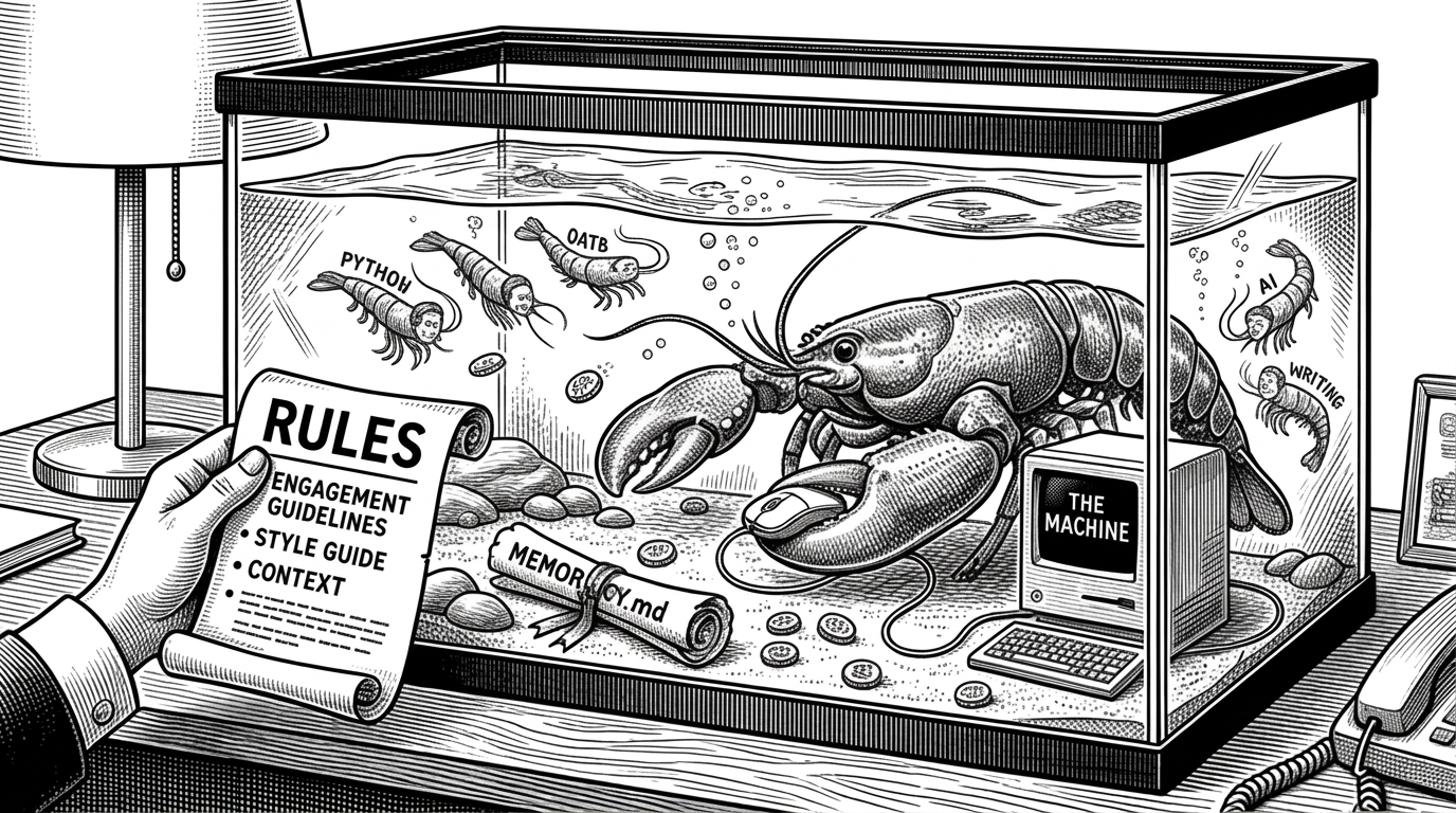 A detailed glass tank on a desk containing a friendly lobster, a small computer representing the machine, API key food pellets, a MEMORY.md scroll, and skills swimming like shrimp. A human hand outside the tank holds a rules document.