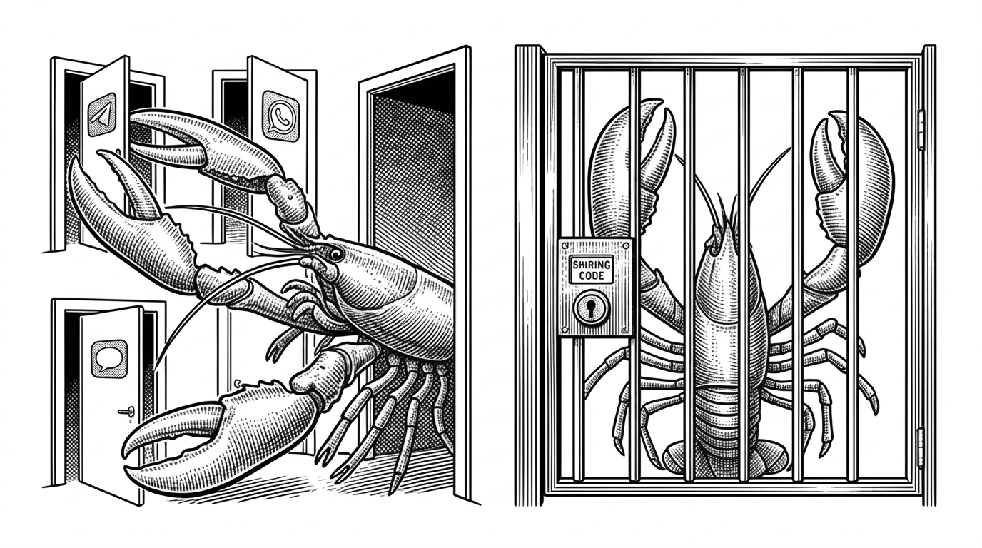 Split composition. Left side: a lobster with overly long uncontrolled claws reaching into multiple open doors representing messaging apps. Right side: the same lobster with trimmed controlled claws behind a sturdy gate with a pairing code lock. Clear before and after contrast.