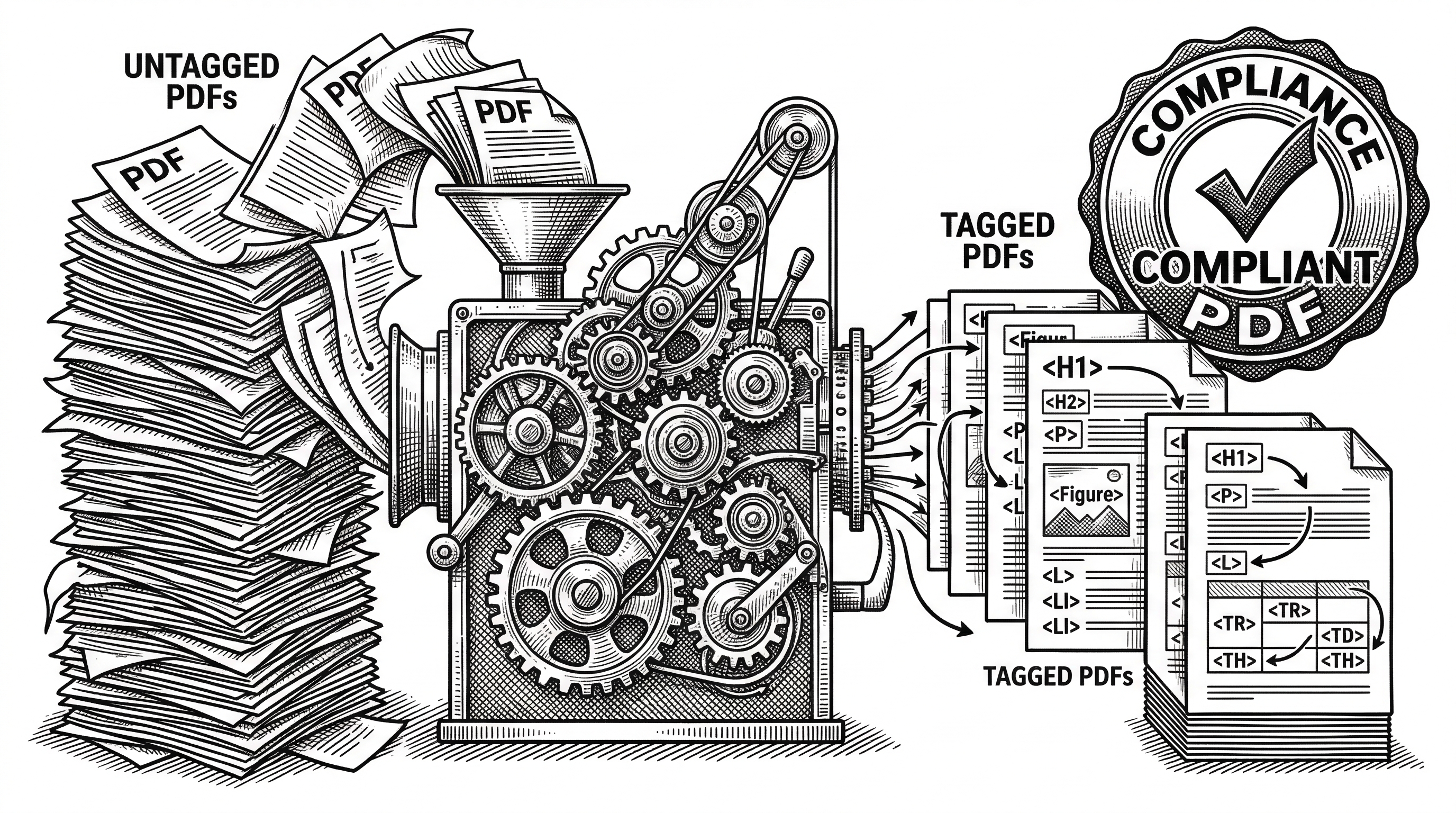 A large stack of untagged PDF documents on the left feeds into a processing machine in the center. From the machine, Tagged PDFs emerge on the right with visible structure tag labels for headings, paragraphs, tables, and reading order arrows. A compliance checkmark stamp sits at the far right.
