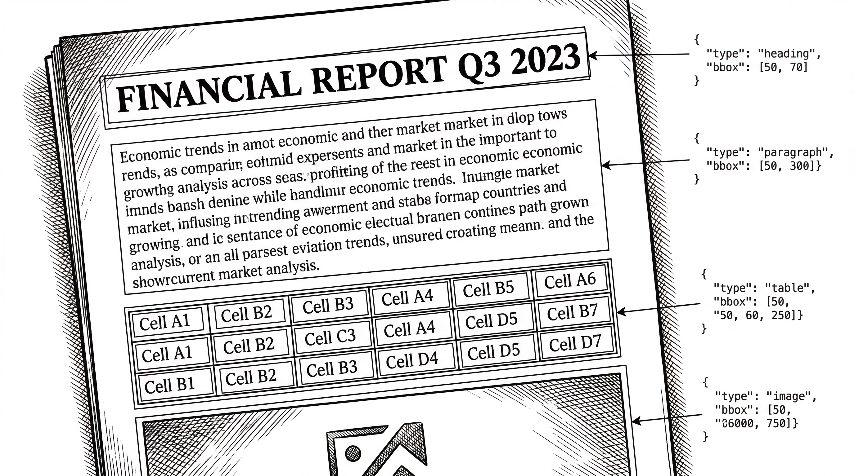 A PDF document page with precise bounding box rectangles overlaying each element: a heading, a paragraph block, a table with individual cell coordinates, and an image. Arrows point from JSON output fields to the corresponding boxes on the page.