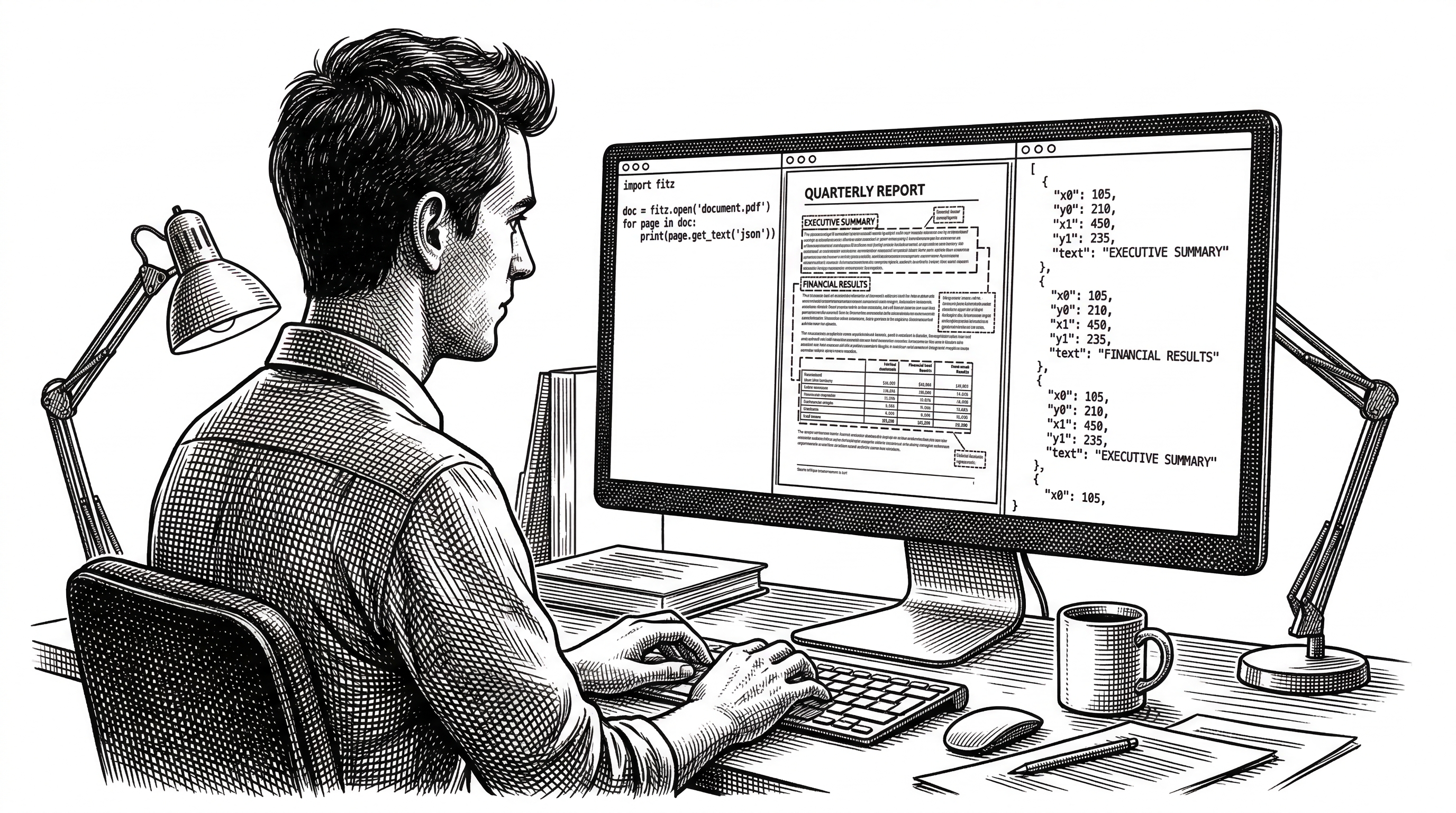 A developer at a terminal with three panes. The left pane shows a Python script with three lines of code. The center pane shows a PDF being processed with structure detection lines appearing. The right pane shows clean JSON output with bounding boxes.