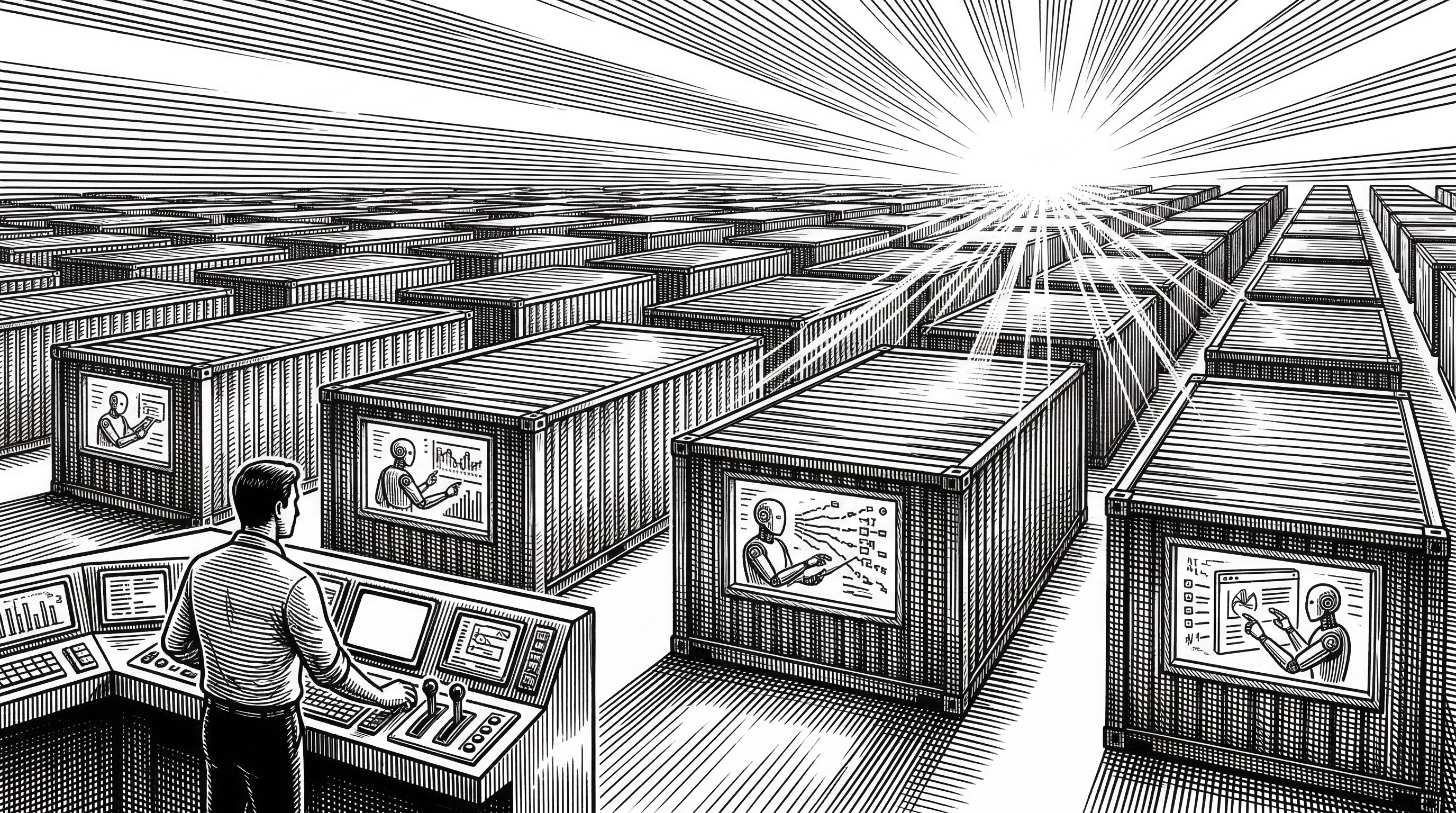 A sunrise over a landscape of orderly sandbox containers stretching to the horizon. Each container has a glowing window showing an AI agent at work. In the foreground a developer stands at a control panel watching the entire operation. The scene conveys scale and promise.