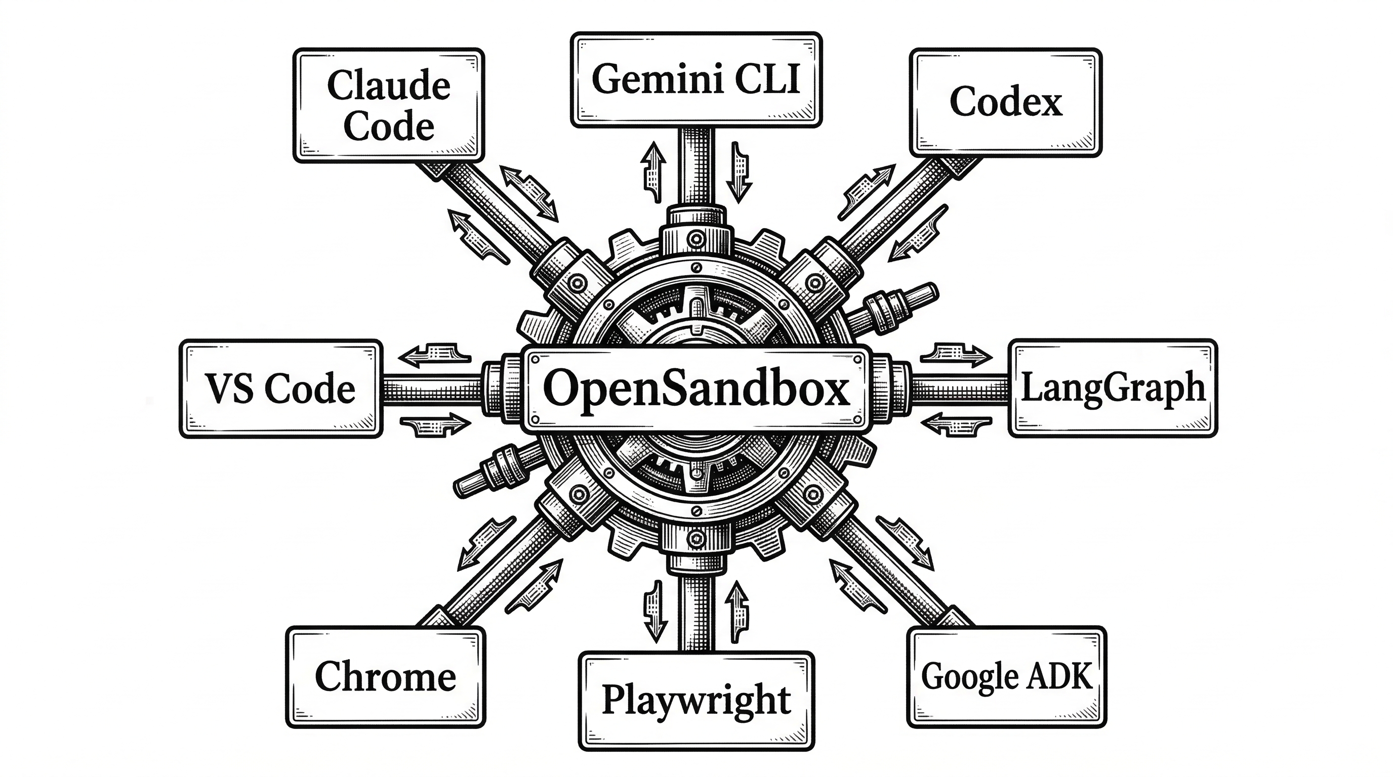 A central hub labeled OpenSandbox with spokes radiating outward to labeled boxes for Claude Code, Gemini CLI, Codex, LangGraph, Google ADK, Playwright, Chrome, and VS Code. Each spoke carries small data packets flowing in both directions.